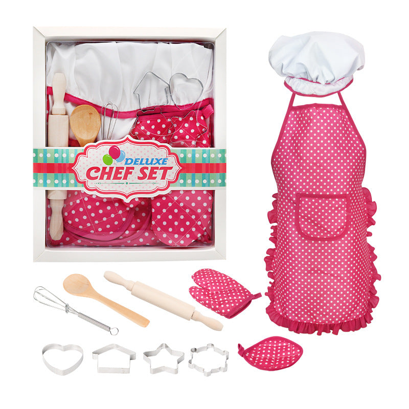 Children's Play House Kitchen Set Girls Cooking Baking Tools Cookware Pink Apron 11-Piece Toy Set