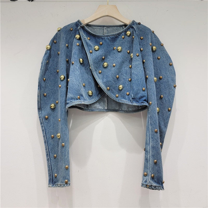 Manteau en jean à rivets et perles pour femme, veste en jean bleu à col rond court et manches bouffantes, irrégulière et à un seul bouton, printemps