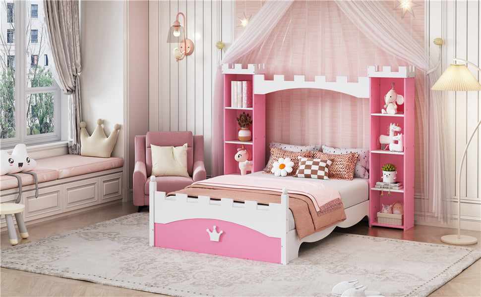 Cama de madera en forma de castillo con estante de almacenamiento, cama de plataforma de tamaño doble de ensueño para dormitorio infantil, rosa y blanco