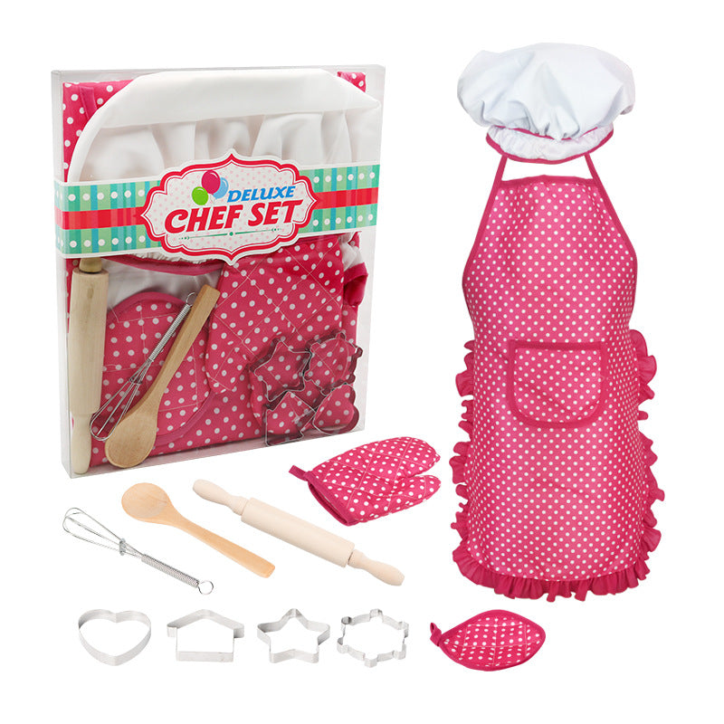 Children's Play House Kitchen Set Girls Cooking Baking Tools Cookware Pink Apron 11-Piece Toy Set