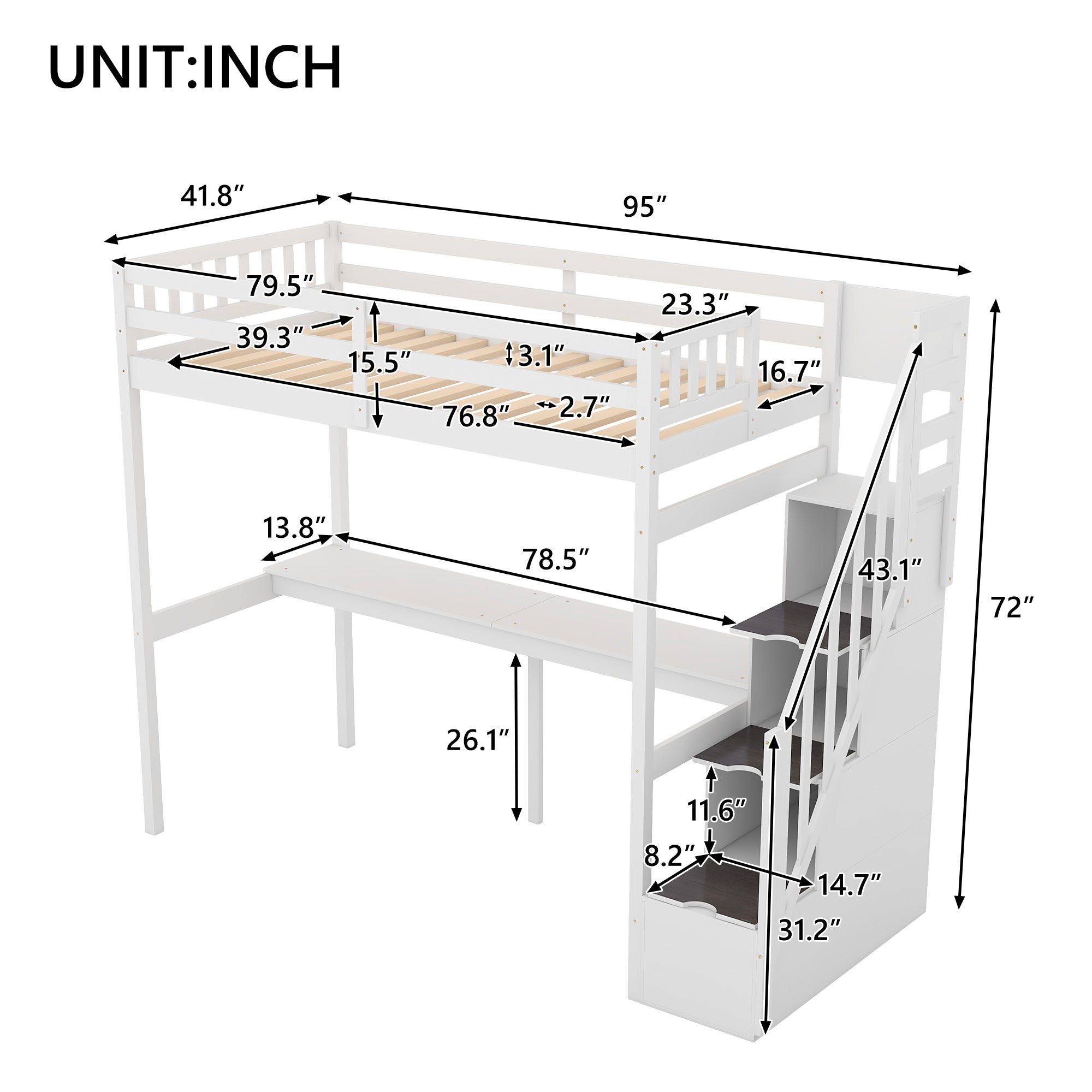 Twin Size Loft Bed with Storage Staircase and Built-in Desk, White