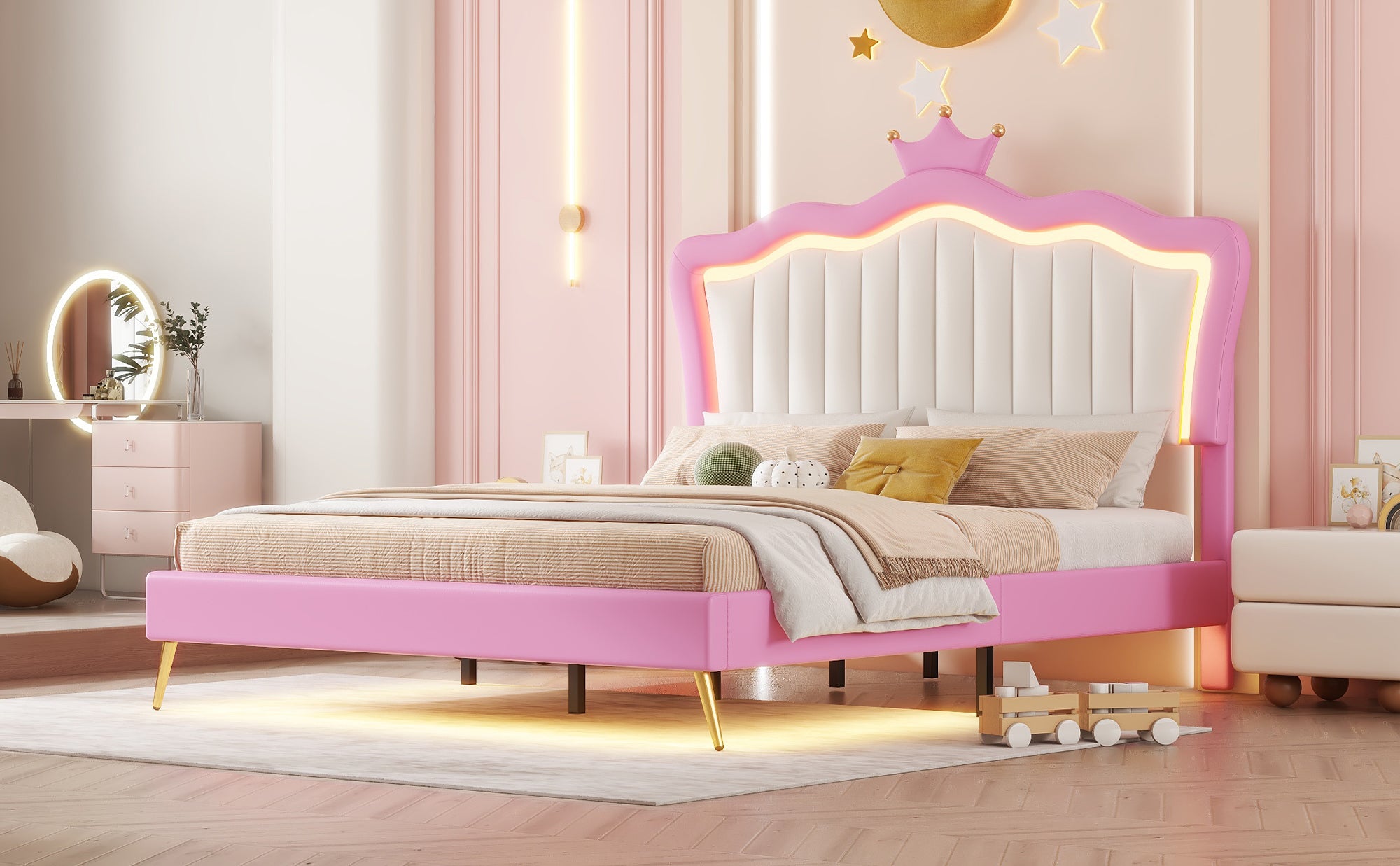 Cadre de lit rembourré pleine grandeur avec lumières LED, lit de princesse rembourré moderne avec tête de lit couronne, rose + blanc