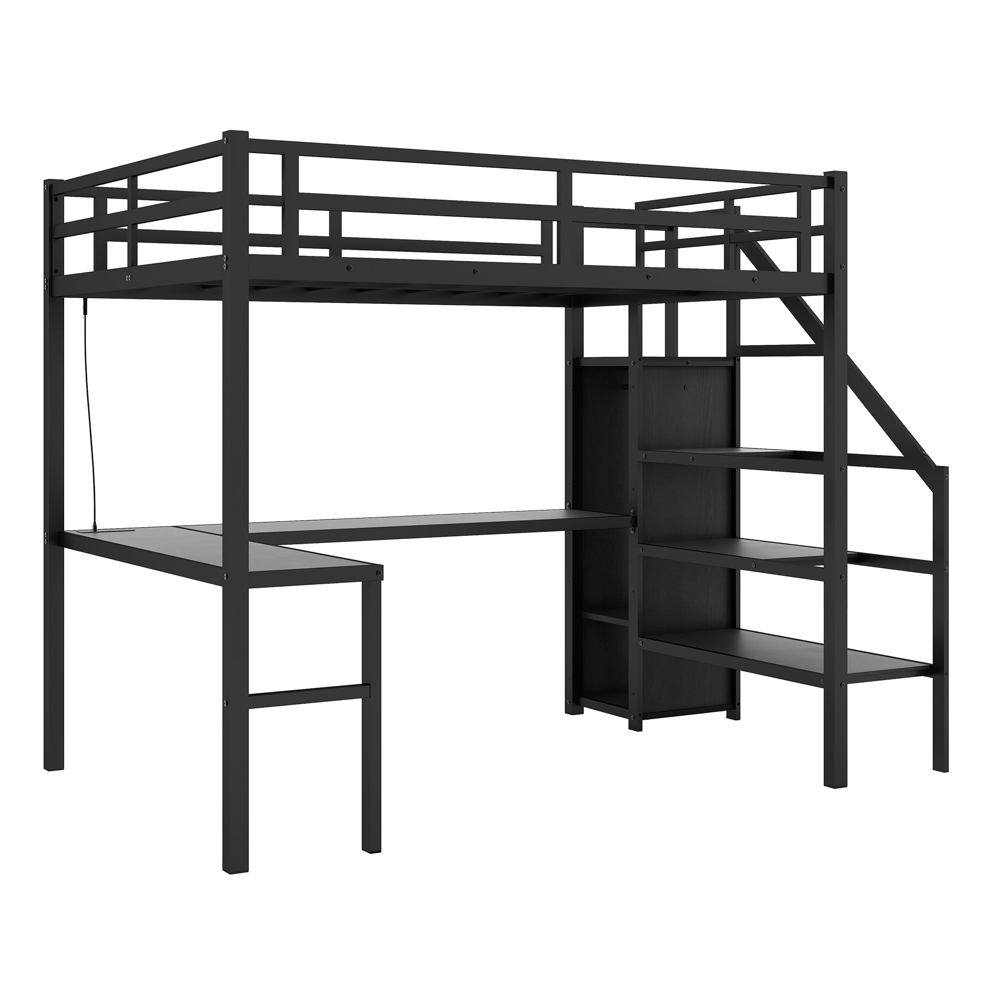 Twin XL loft bed with L-shaped desk and USB, metal loft bed with wardrobe and adjustable shelf, LED loft bed, black