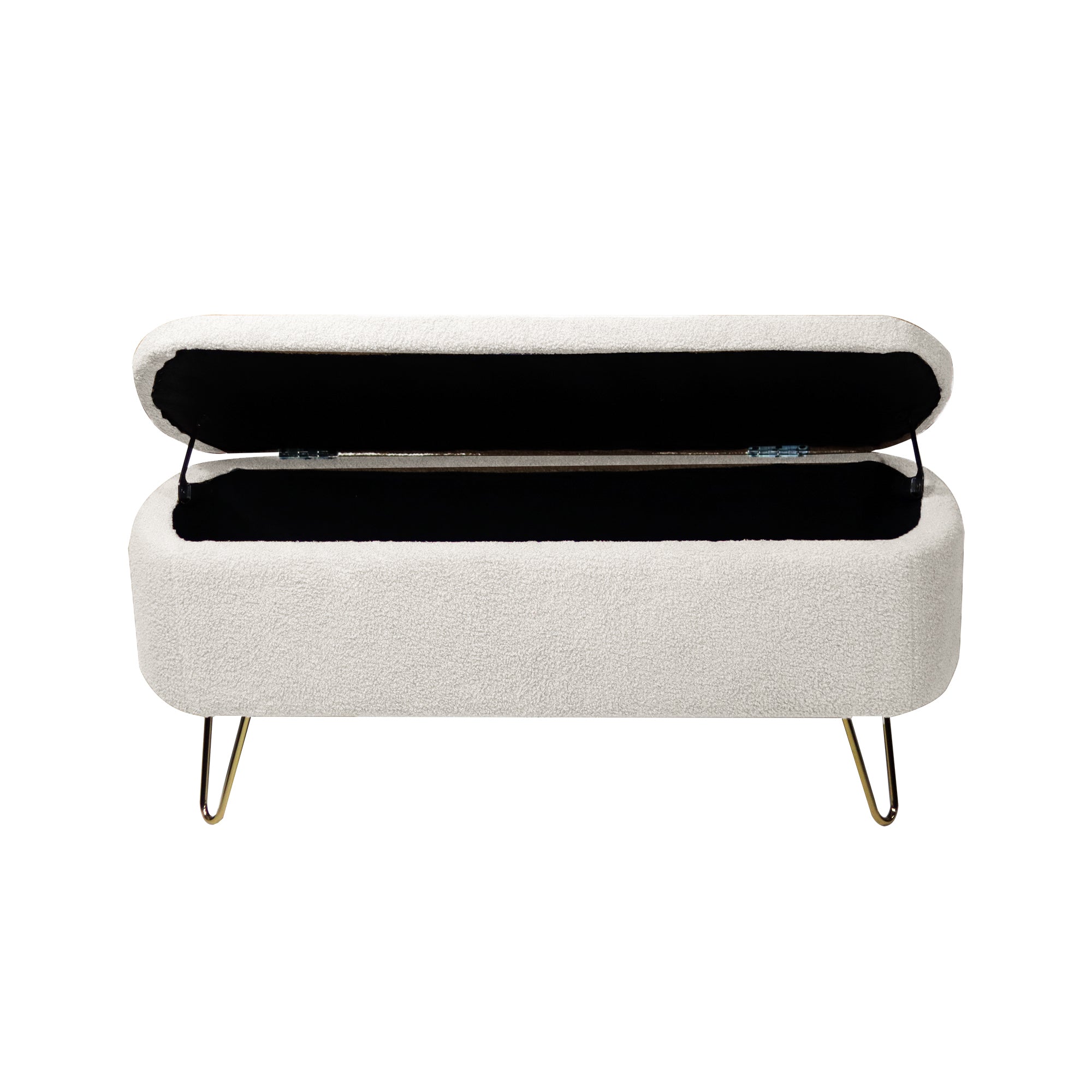 Banc ottoman de rangement blanc ivoire pour bout de lit pieds dorés