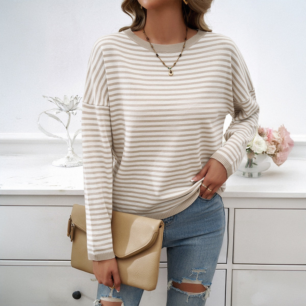 European and American autumn and winter tops, women's temperament, casual round neck striped sweater