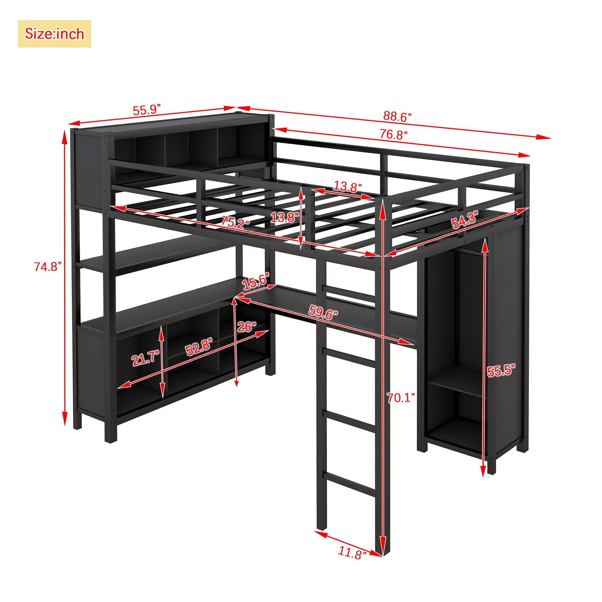 Metal loft bed with wardrobe and L-shaped desk, full-size loft bed with storage cabinet and shelf, heavy-duty loft bed, black