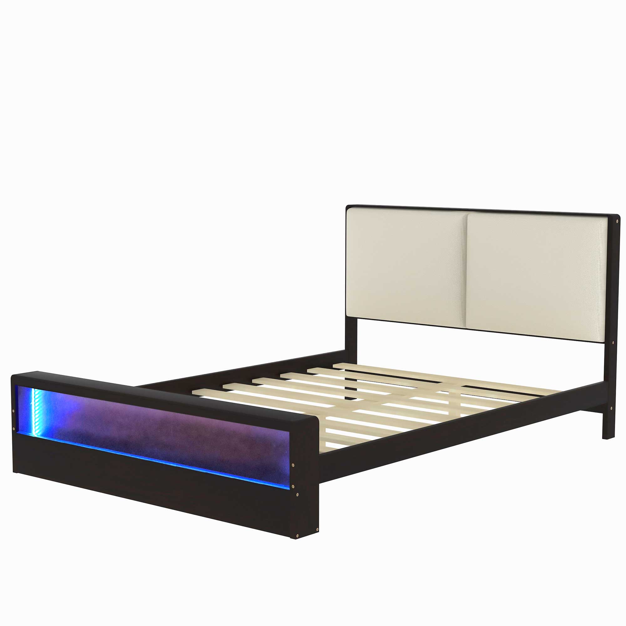 Queen Size Platform Bed Frame with Upholstery Headboard and Bookshelf in Footboard and LED Light Strips, Espresso