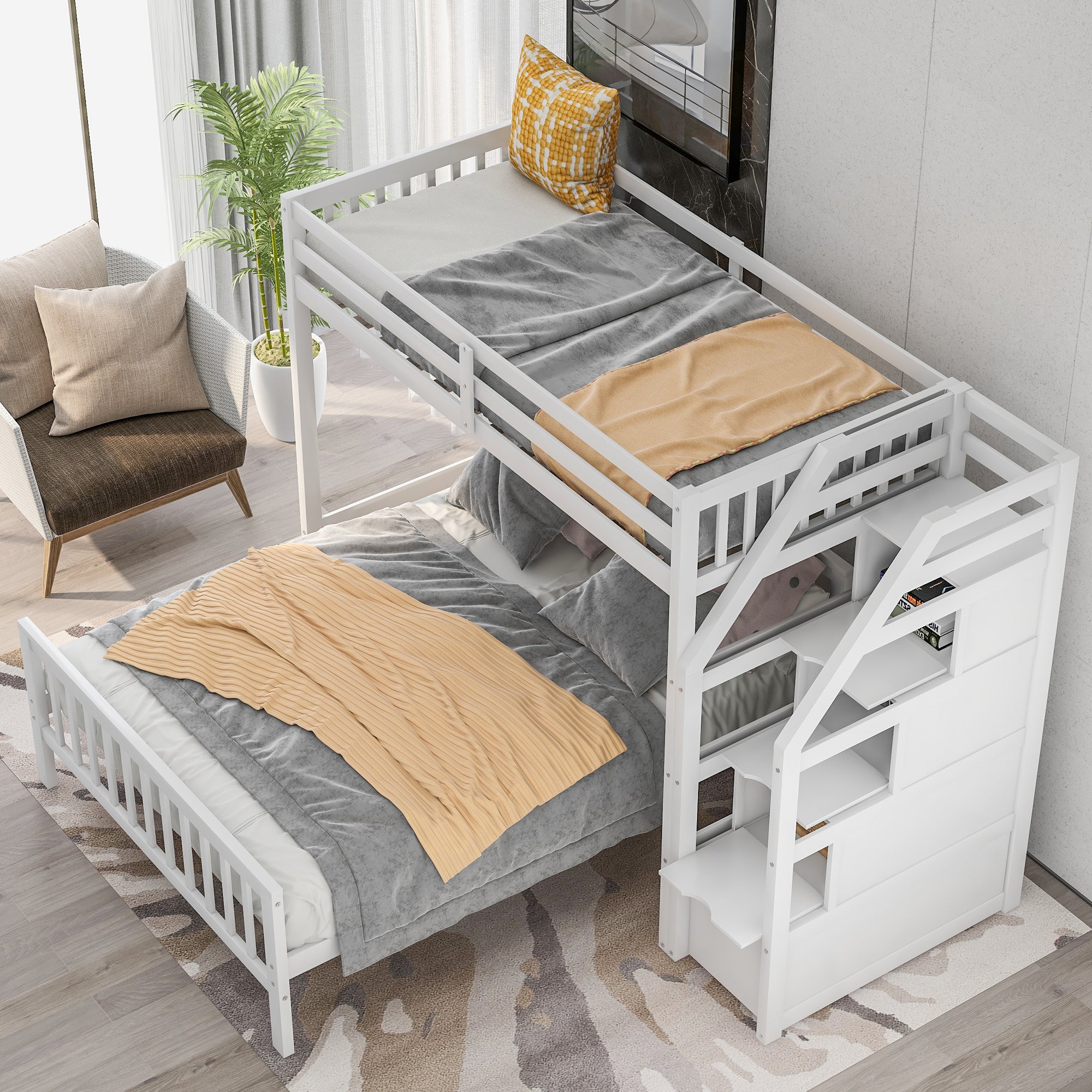 Twin over Full Loft Bed with Staircase,White