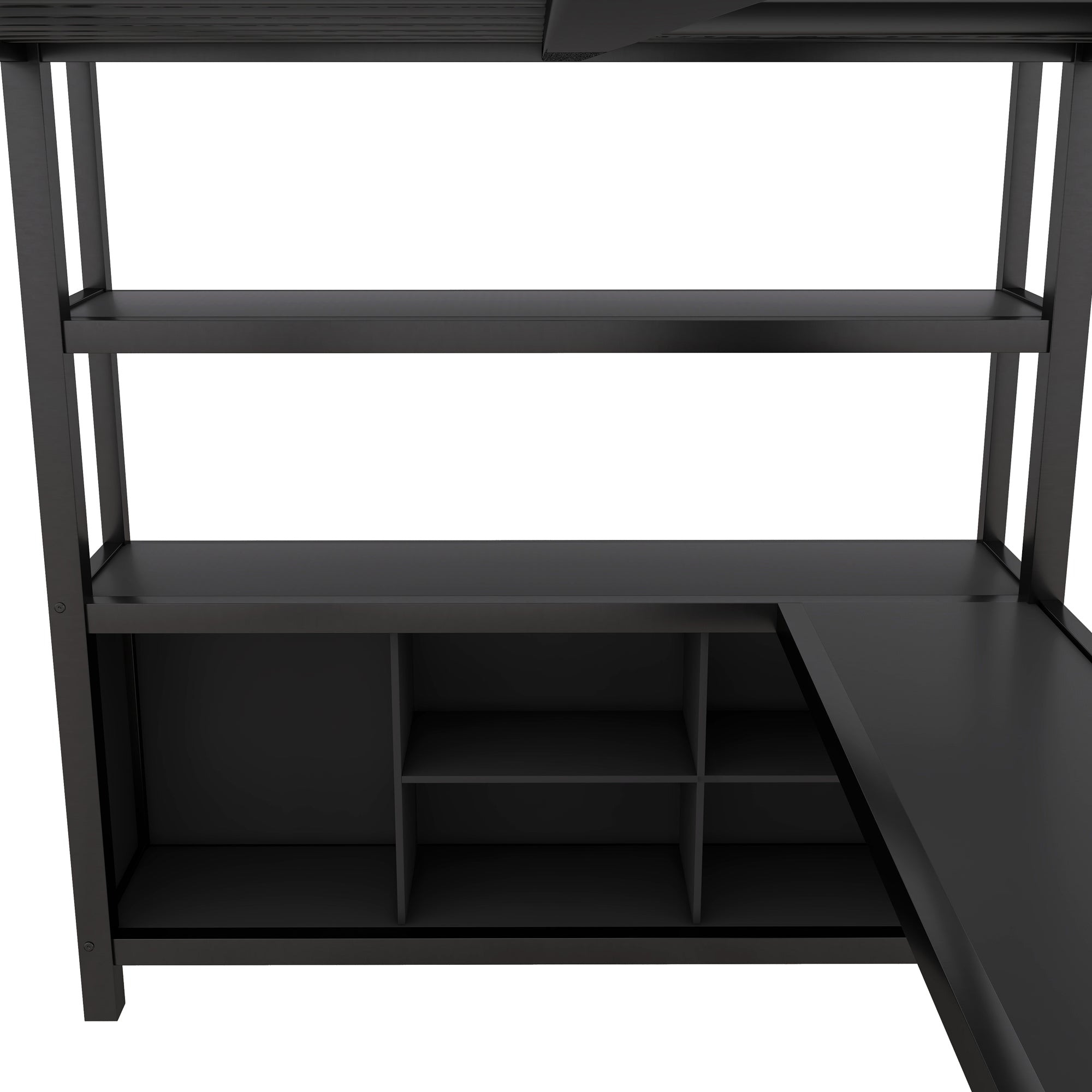 Metal loft bed with wardrobe and L-shaped desk, full-size loft bed with storage cabinet and shelf, heavy-duty loft bed, black