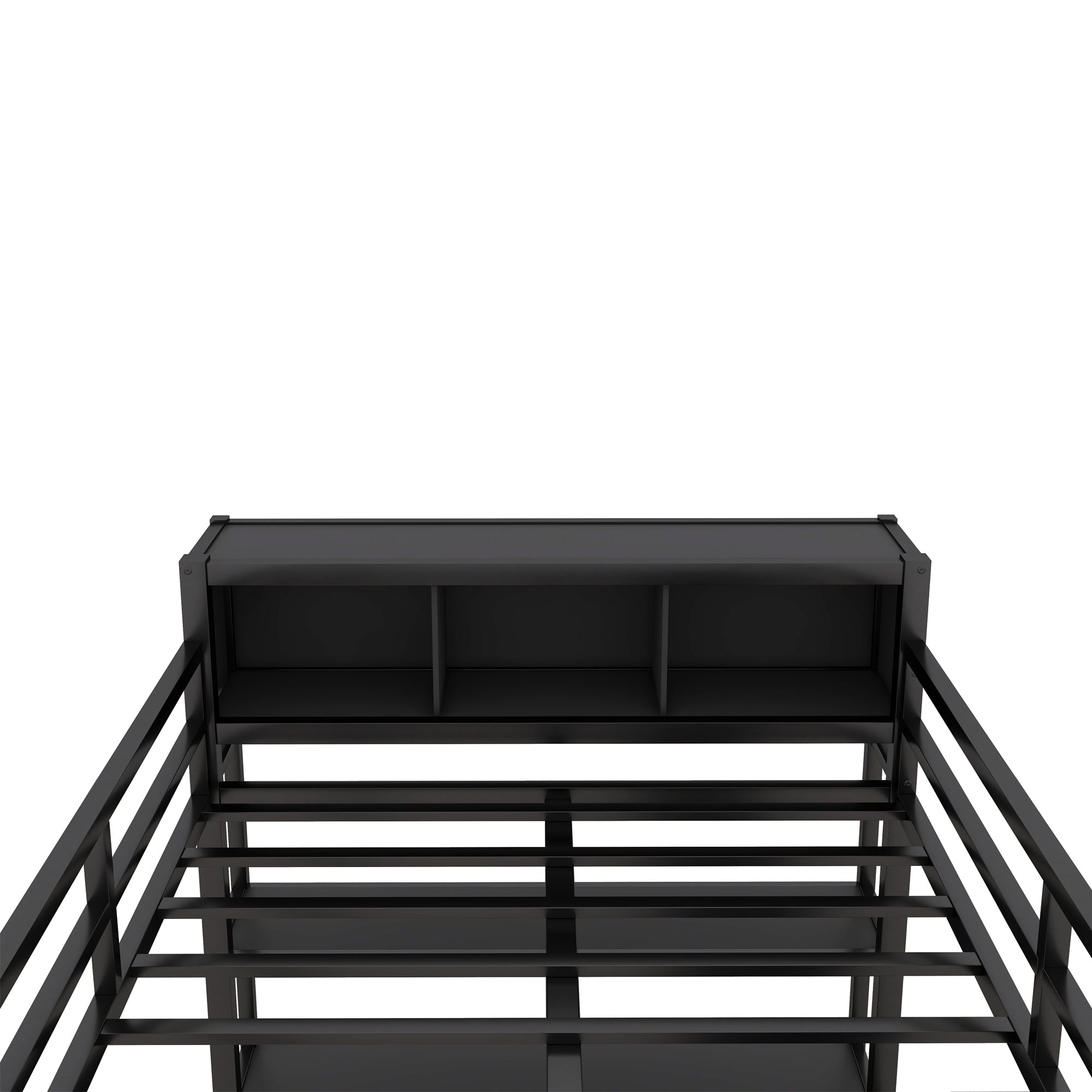 Metal loft bed with wardrobe and L-shaped desk, full-size loft bed with storage cabinet and shelf, heavy-duty loft bed, black