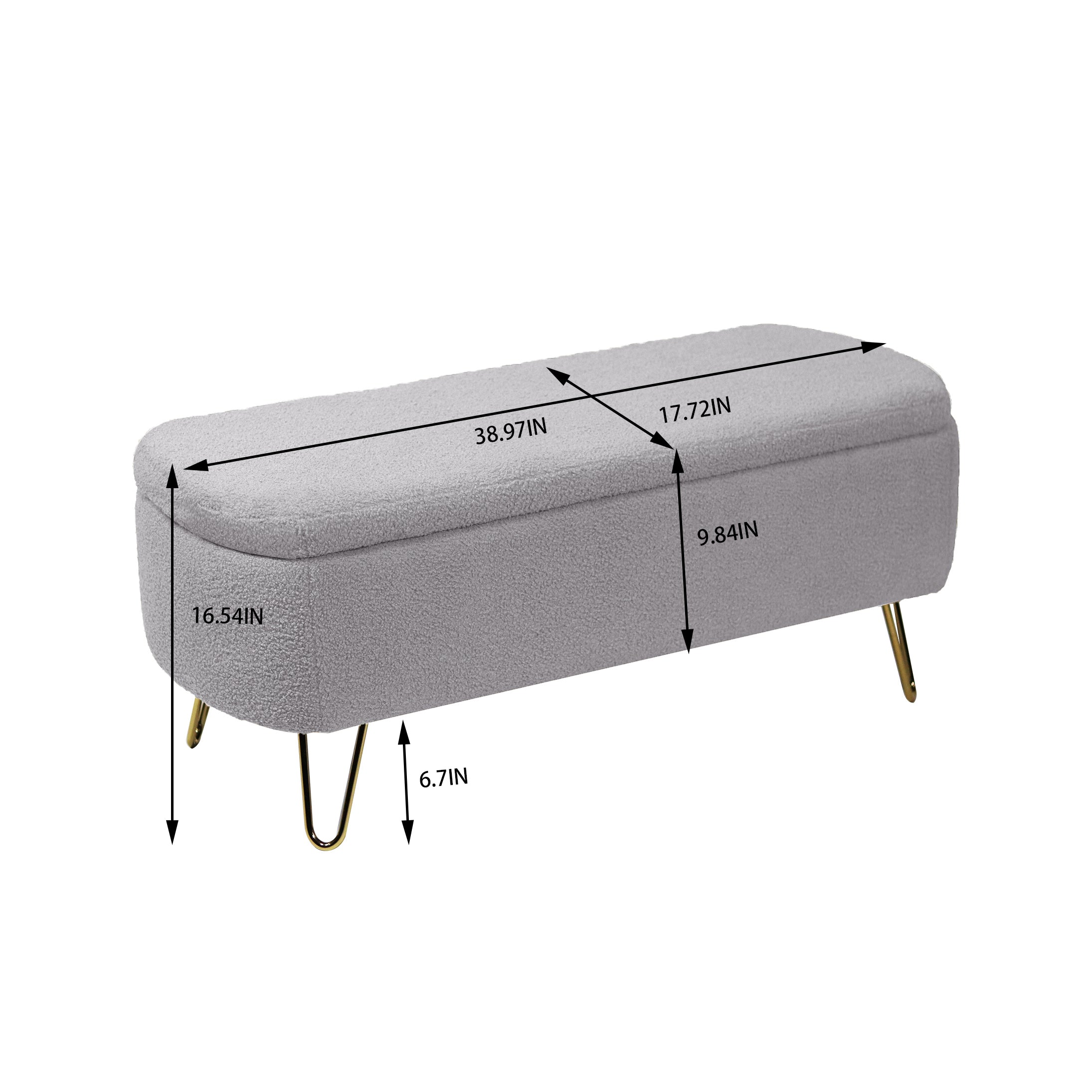 Grey Storage Ottoman Bench for End of Bed Gold Legs Modern Grey Faux Fur Entryway Bench