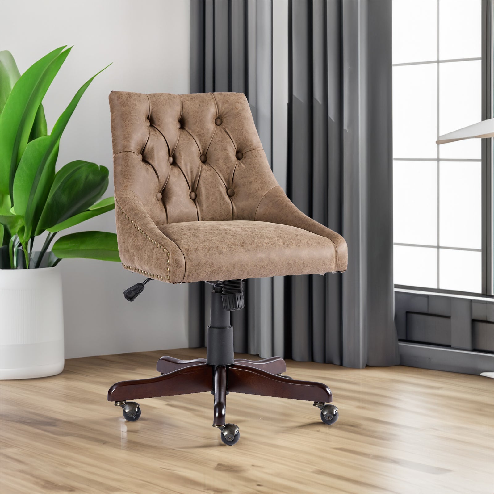 Chaise de bureau à domicile de style rétro médiéval en peau de mouton avec fonctions de levage, de rotation et d'inclinaison, marron