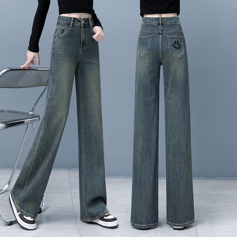 Cement gray straight tube jeans for women's spring and autumn new vintage high waisted slim casual narrow version wide leg pants