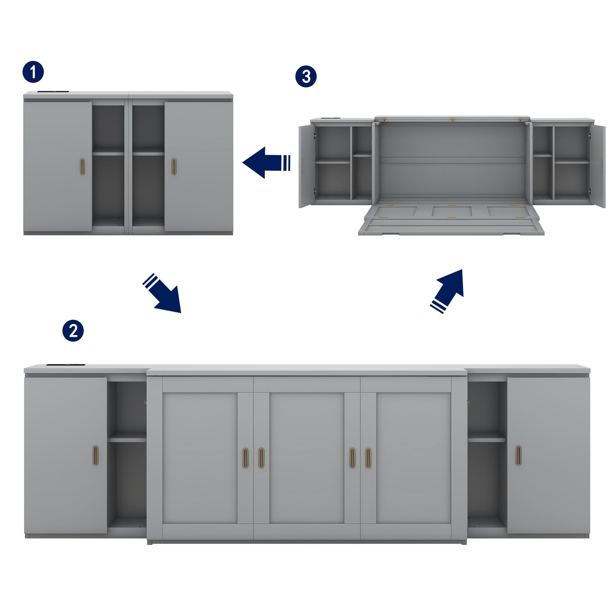 Queen Size Murphy Bed with Shelves, Cabinets and USB Ports,Gray