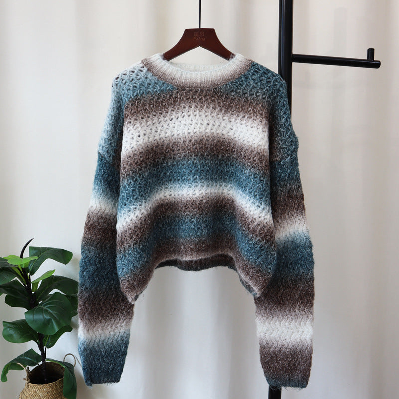 Round neck gradient striped knitted sweater top with loose and soft texture design, sweater pullover for women