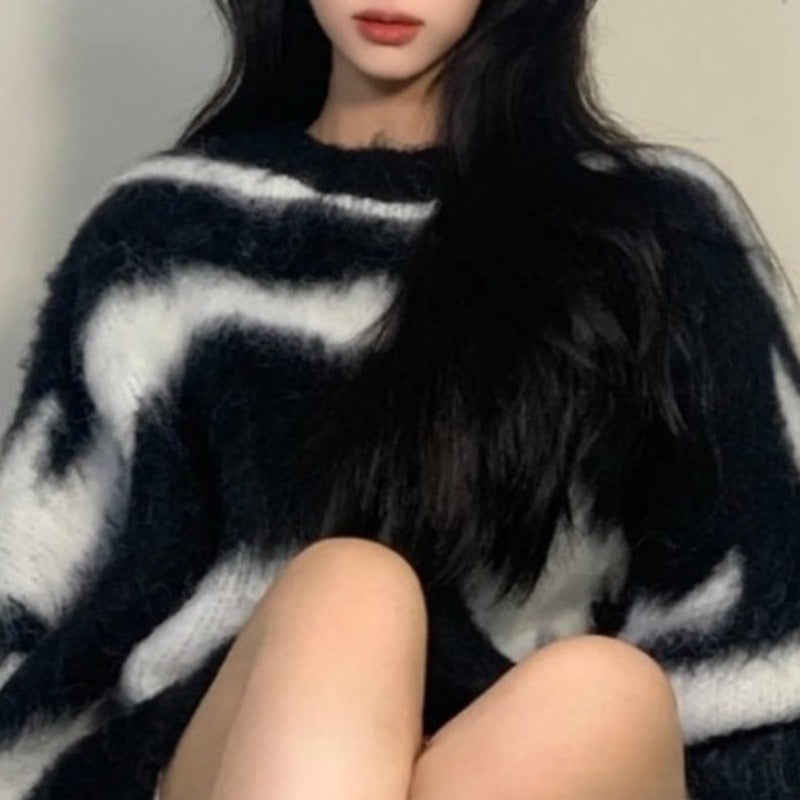 Mid-length imitation mink striped sweater for women in autumn and winter Korean style loose thickened lazy style round neck knitted sweater for women