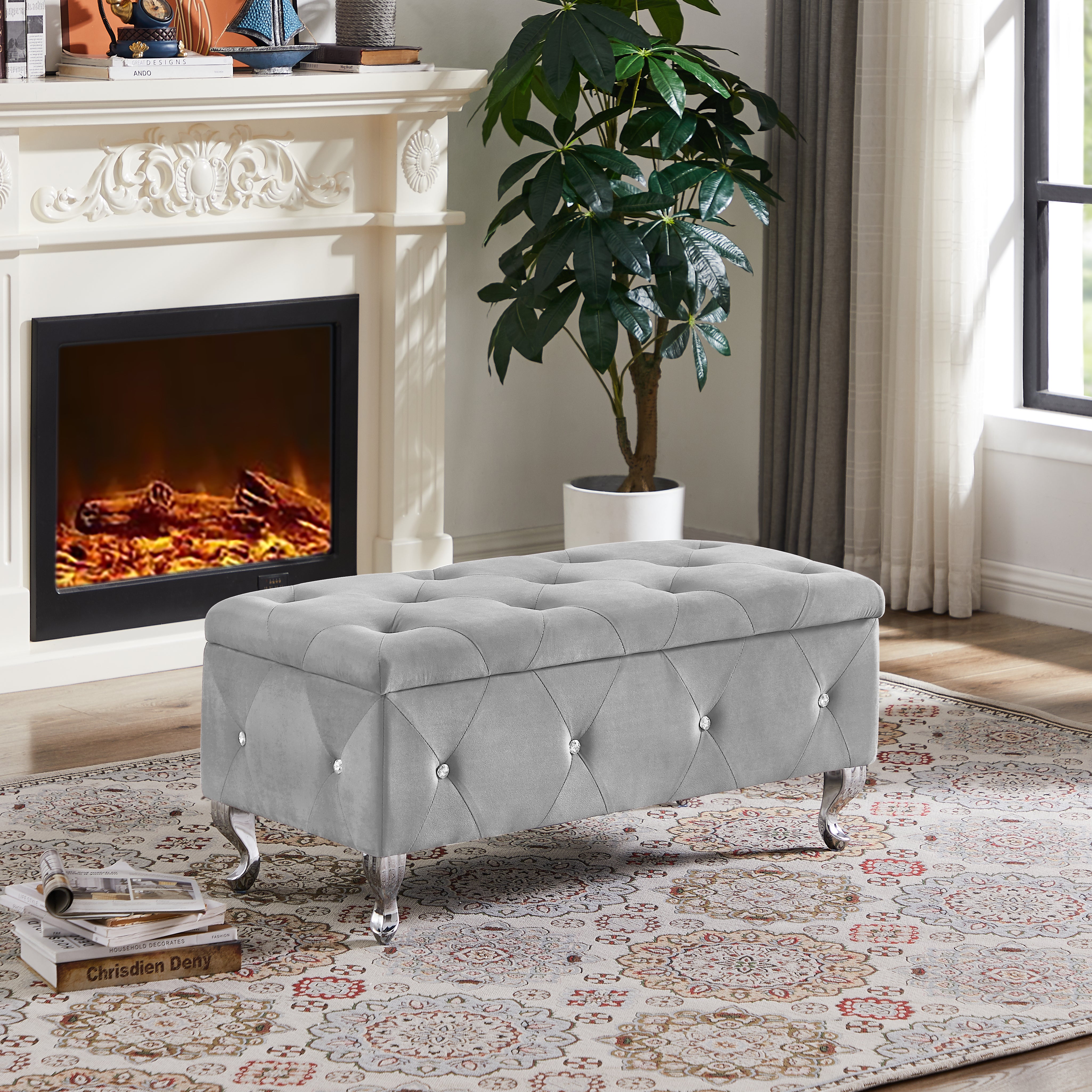 Padded Seat Gray Velvet Storage Bench