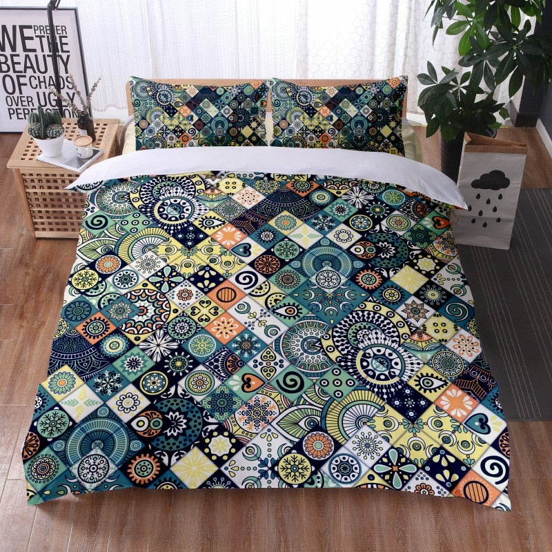 Juego de cama de 3 piezas de estilo bohemio de moda, funda nórdica grande con estampado de plumas de mandala y funda de almohada, sábanas no incluidas 