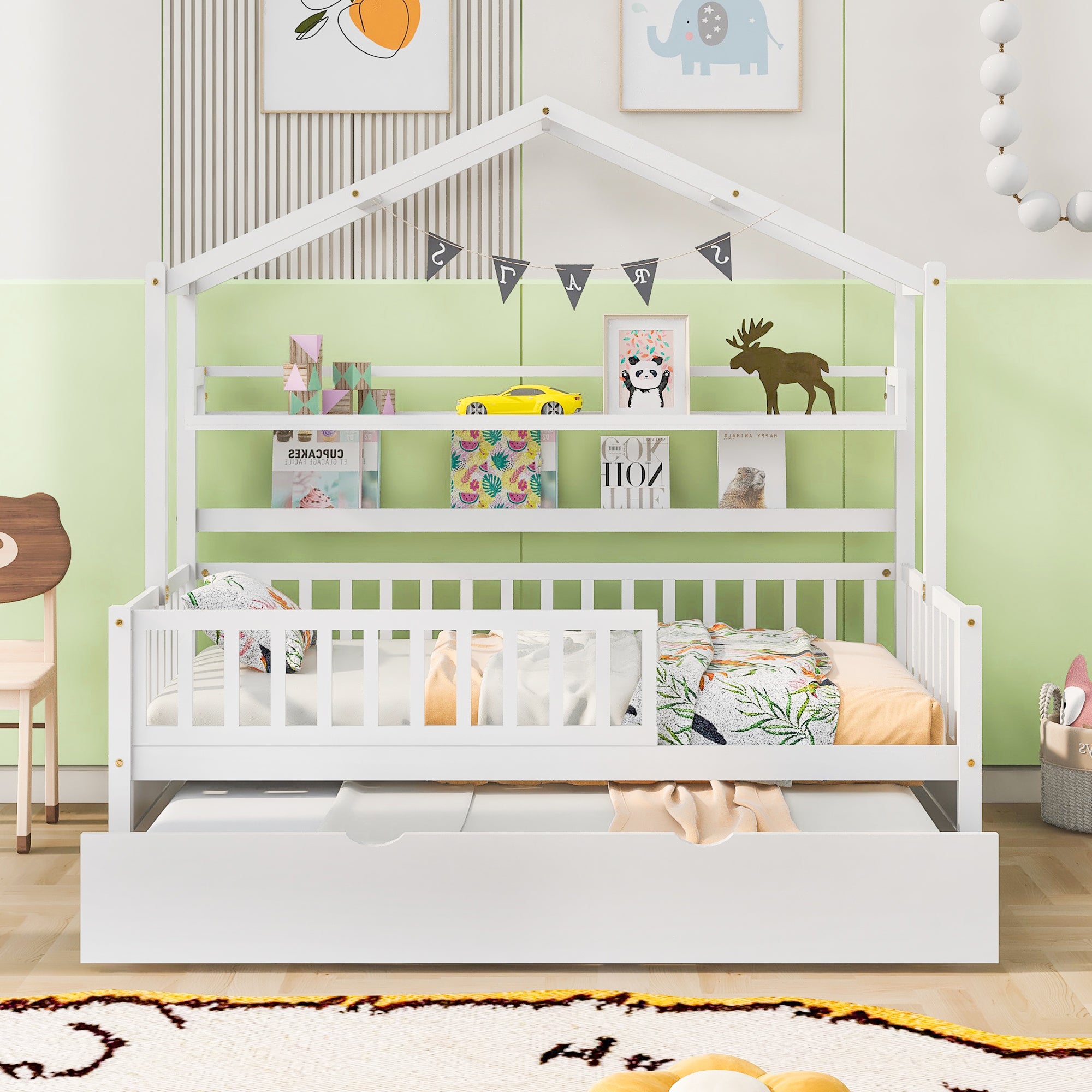 Cama nido de madera tamaño queen para niños con estante en color blanco