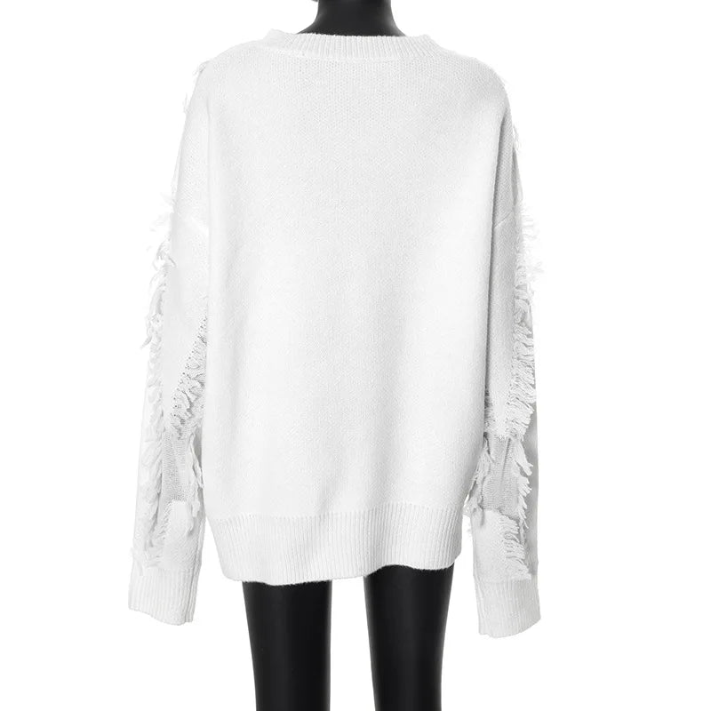 Women Fashion White Irregular Tassels Patchwork Sweater Elegant O-neck Long Sleeves Loose Pullover  Lady Streetwear