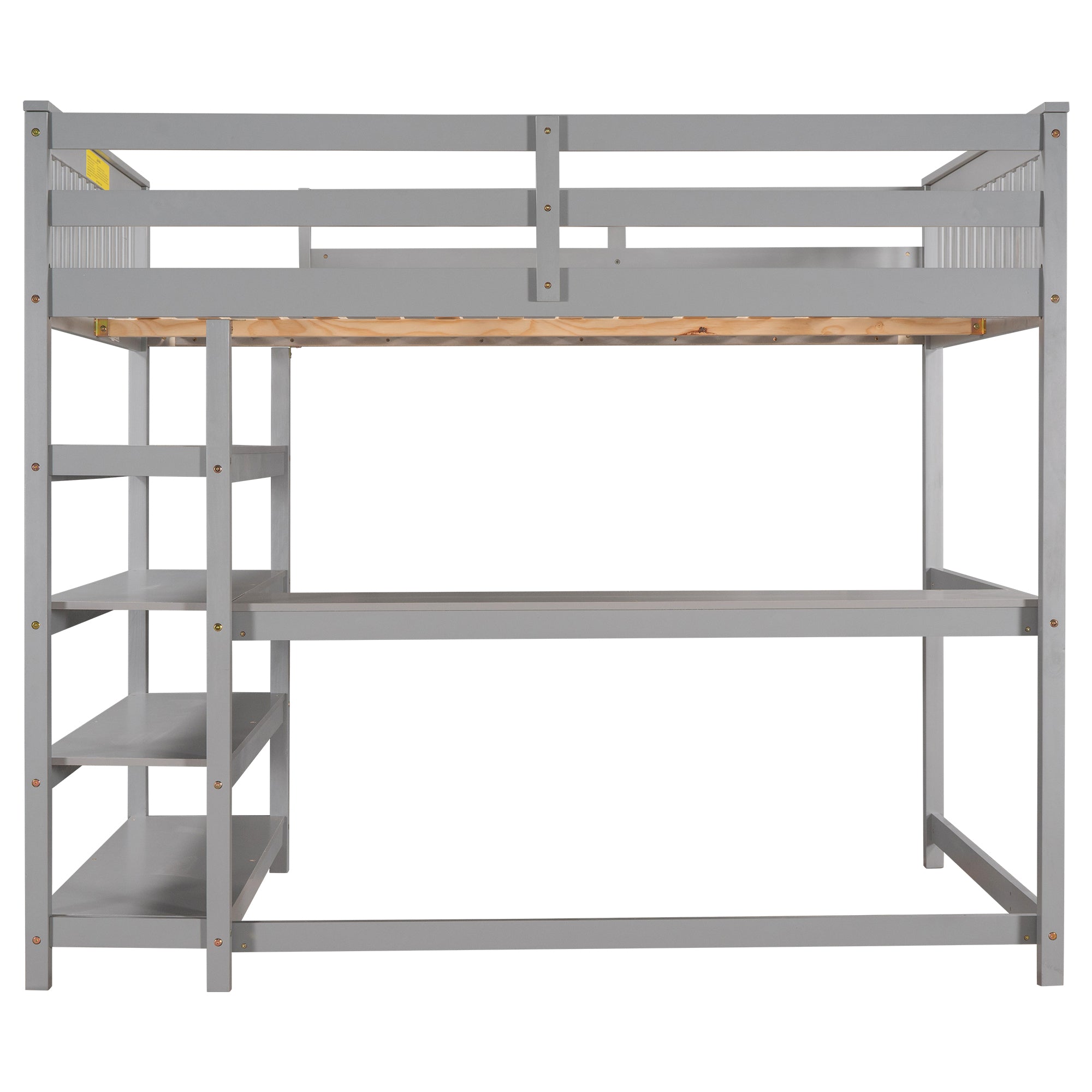 Full Size Loft Bed with Storage Shelves and Under-bed Desk, Gray