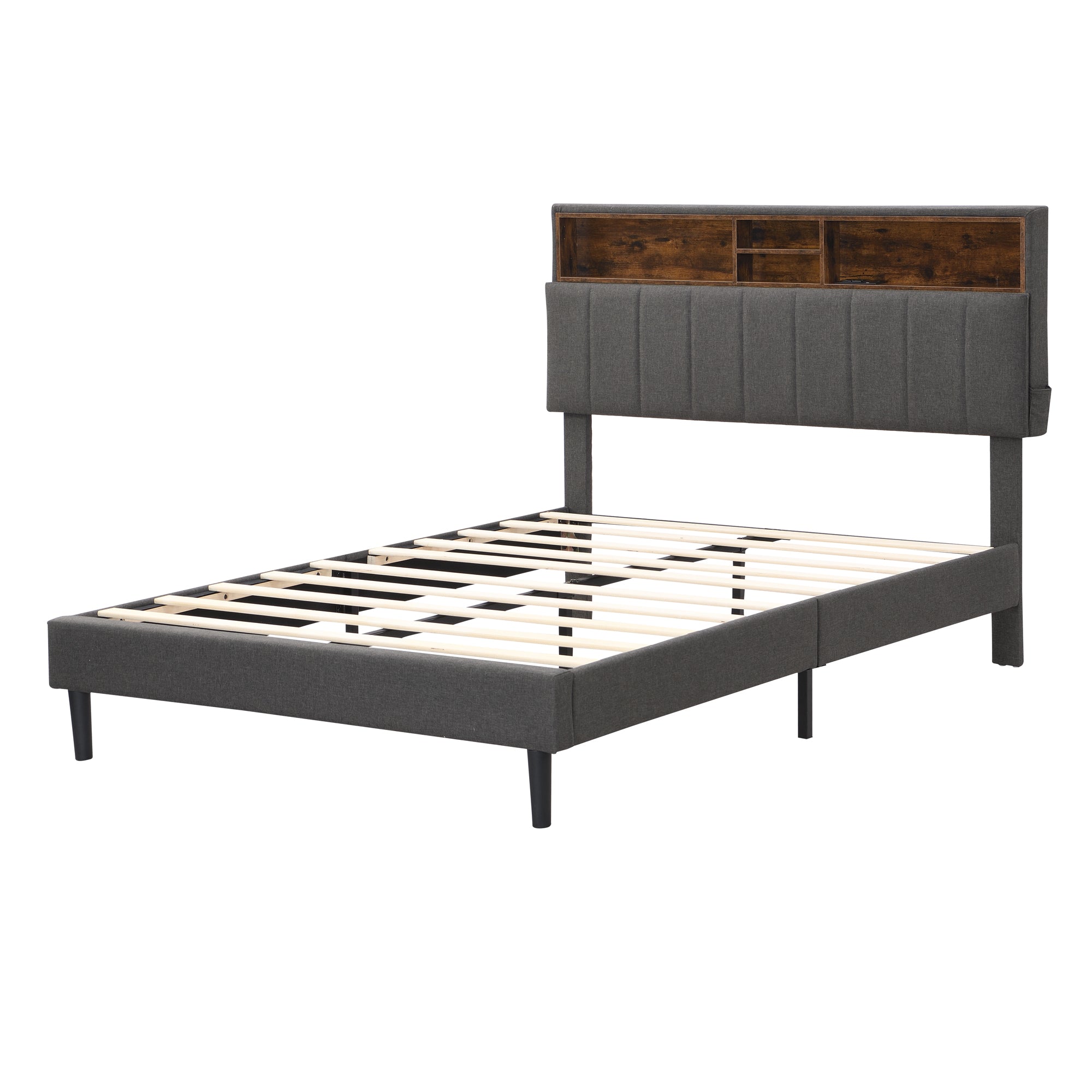 Full size Upholstered Platform Bed with Storage Headboard and USB Port Linen Fabric Upholstered Bed (Gray)