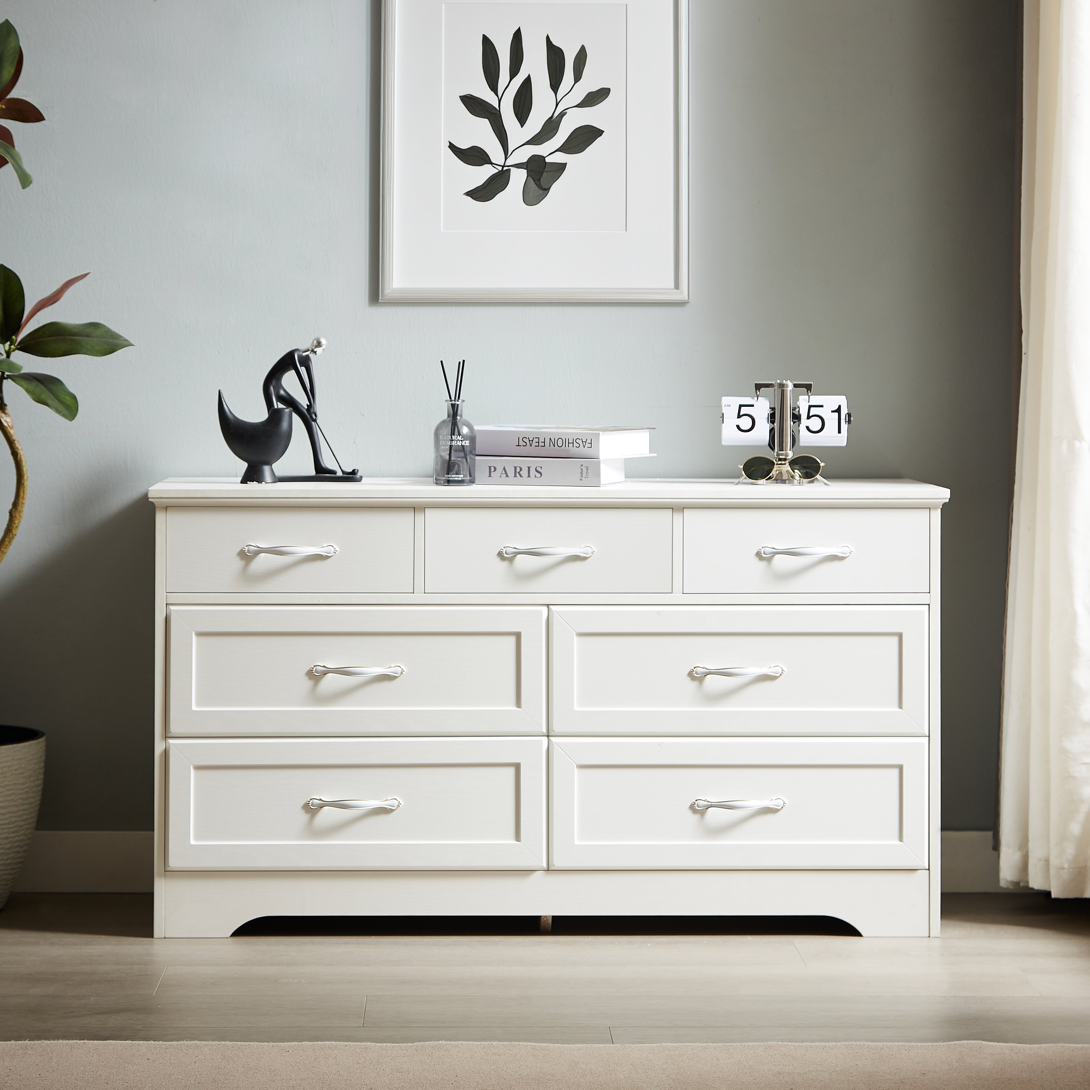 Commode de chambre moderne à 3 tiroirs avec 7 tiroirs et organiseur de vêtements - Poignées en métal blanc, 47,6 po L x 15,7 po l x 26,6 po H