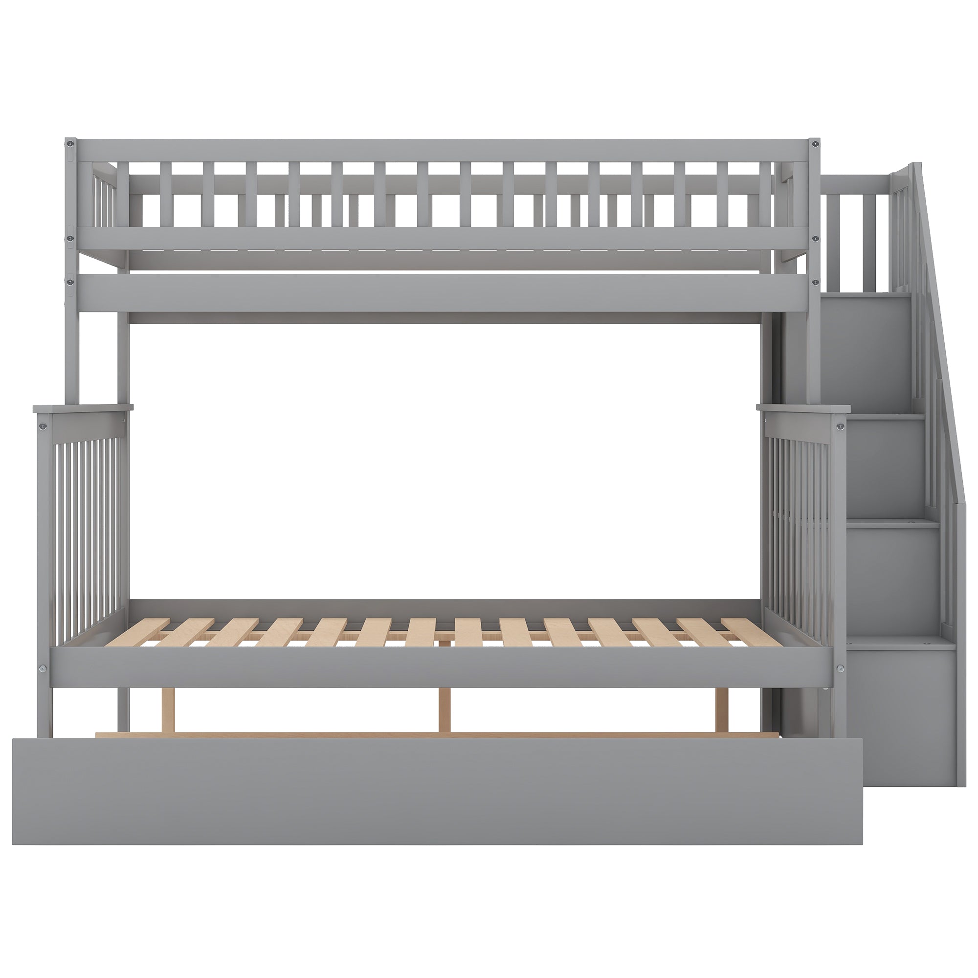 Twin over Full Bunk Bed with Trundle and Staircase Gray