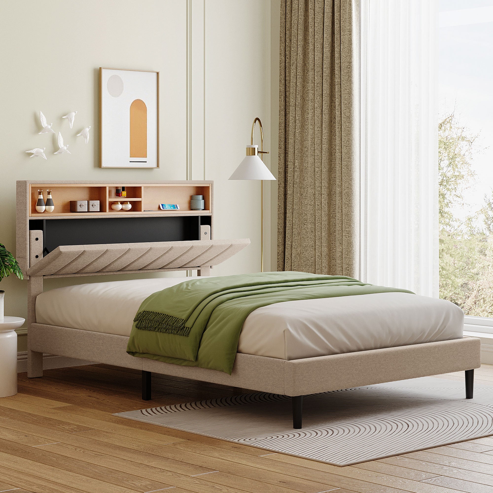 Full size Upholstered Platform Bed with Storage Headboard and USB Port Linen Fabric Upholstered Bed (Beige)