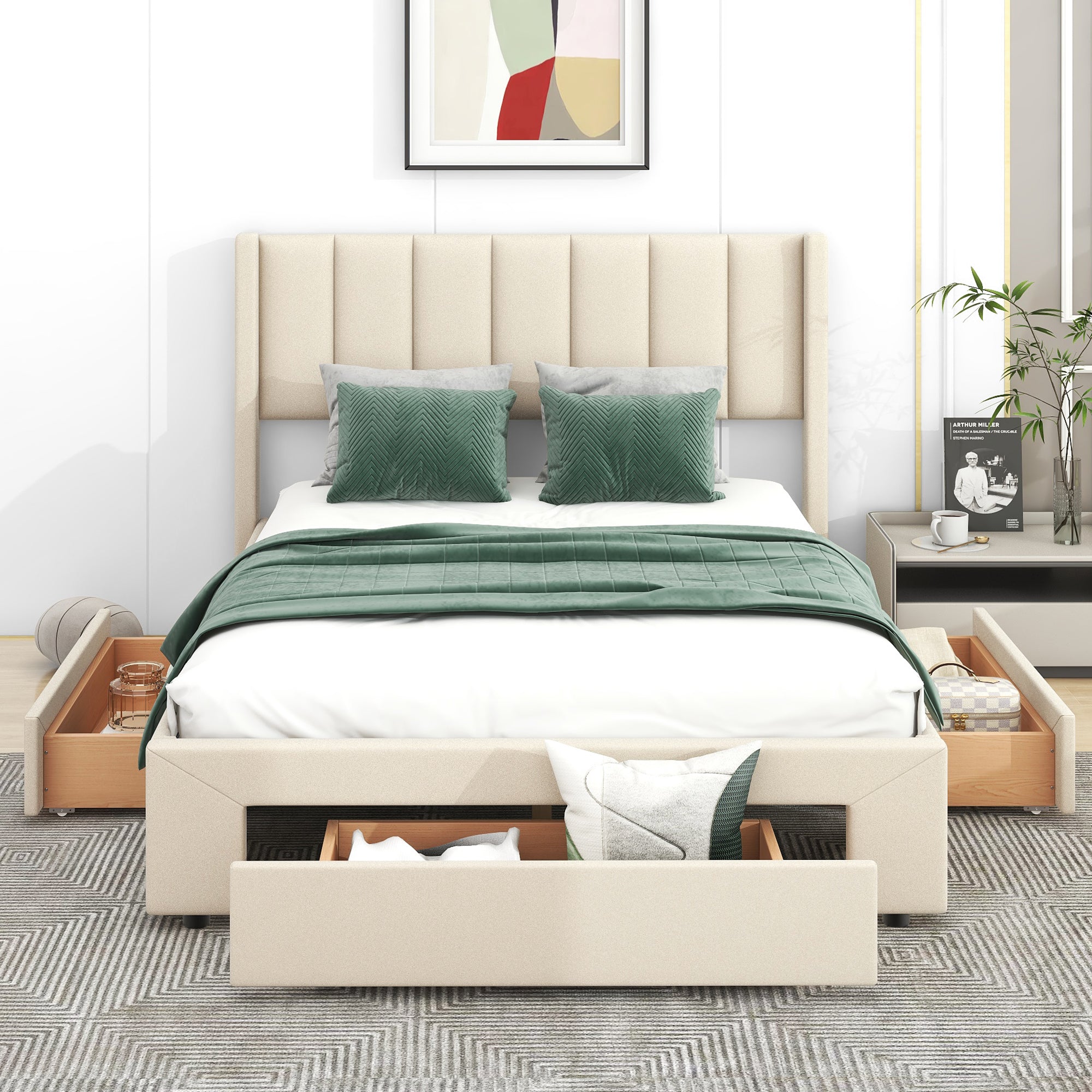 Full Size Upholstered Platform Bed with One Large Drawer in the Footboard and Drawer on Each Side Beige