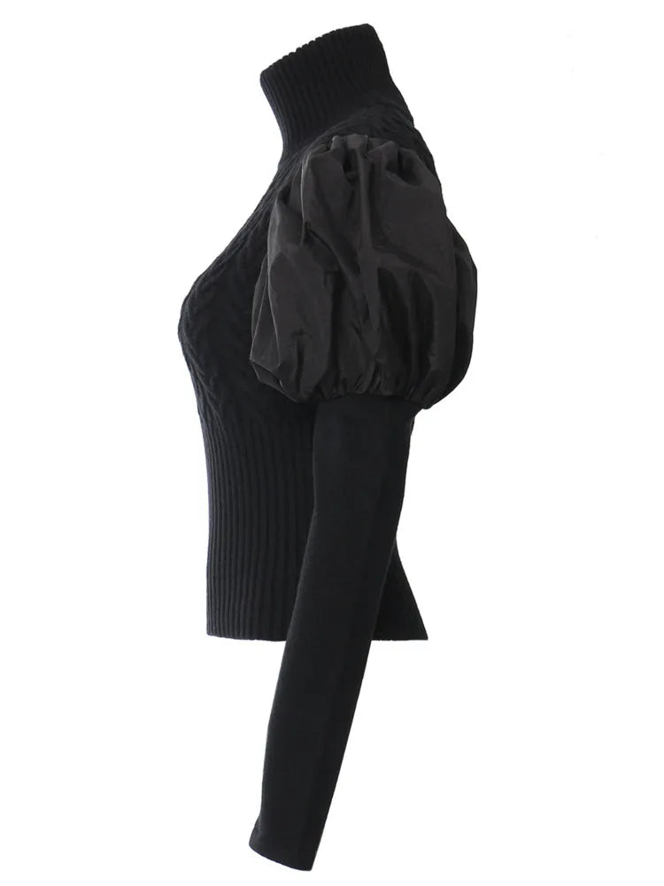 Pull noir à col haut et manches bouffantes pour femme, haut en tricot coupe slim 