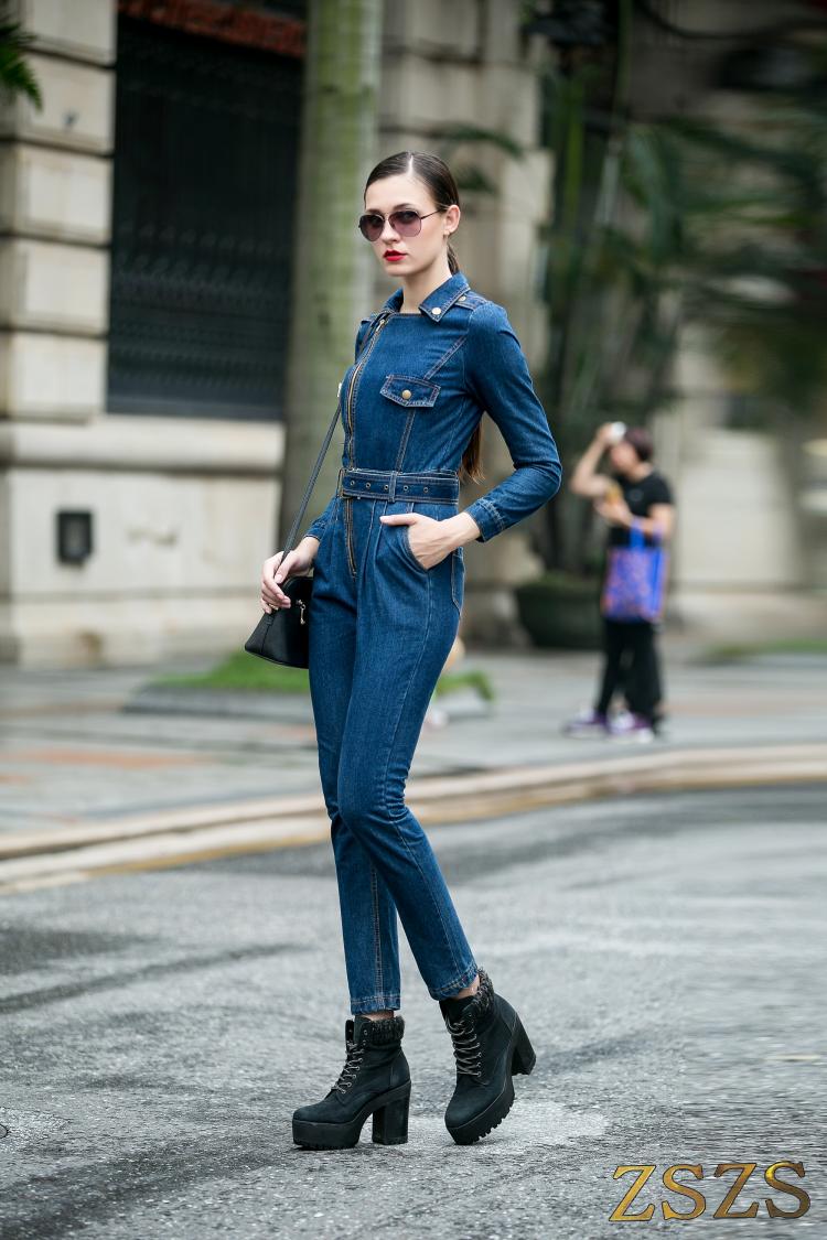 Denim Jumpsuit women Hight Waist Front Zipper Denim Overalls Playsuits Female Long Sleeve Turn Down Collar Jeans Rompers