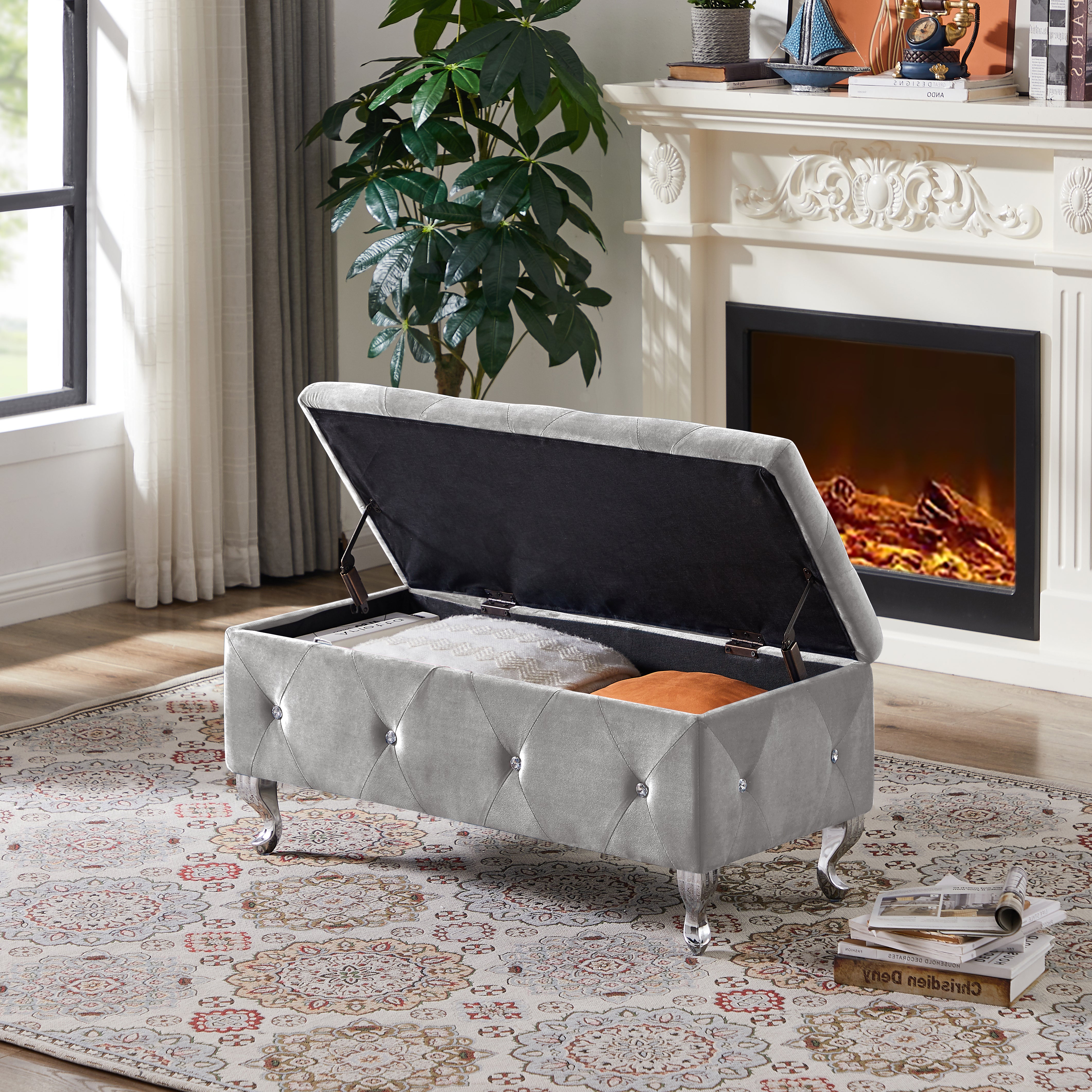 Padded Seat Gray Velvet Storage Bench