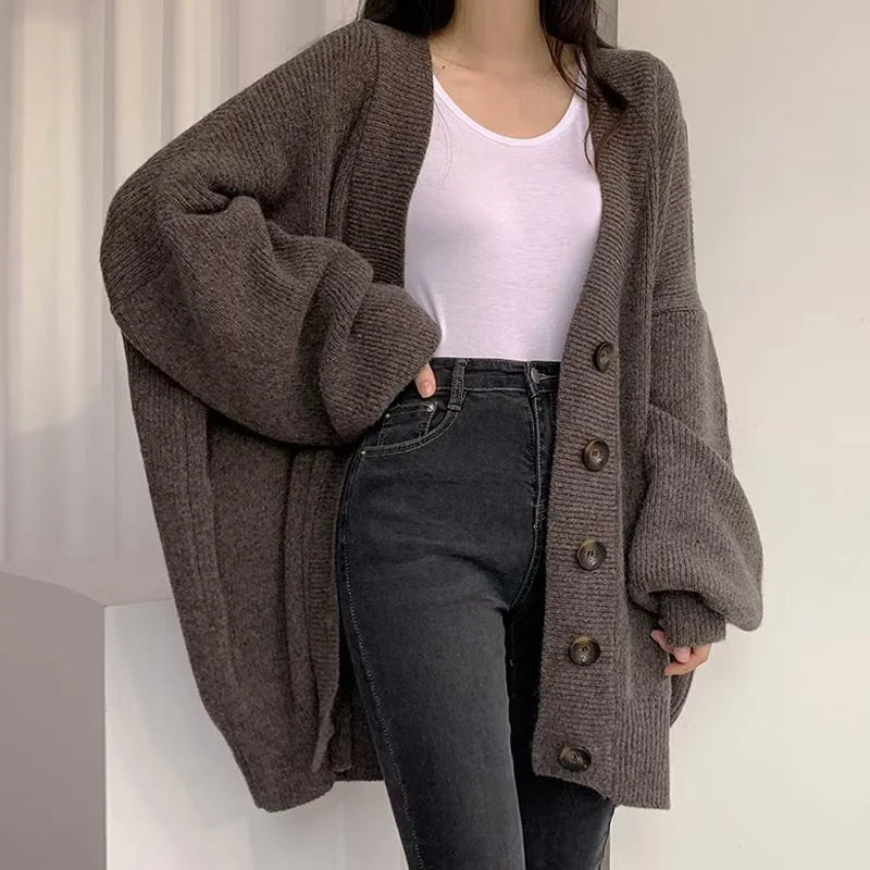 Solid Color Lazy Sweater Coat Women Autumn Winter New Loose Fit Large Size Knitted Cardigan Jumpers