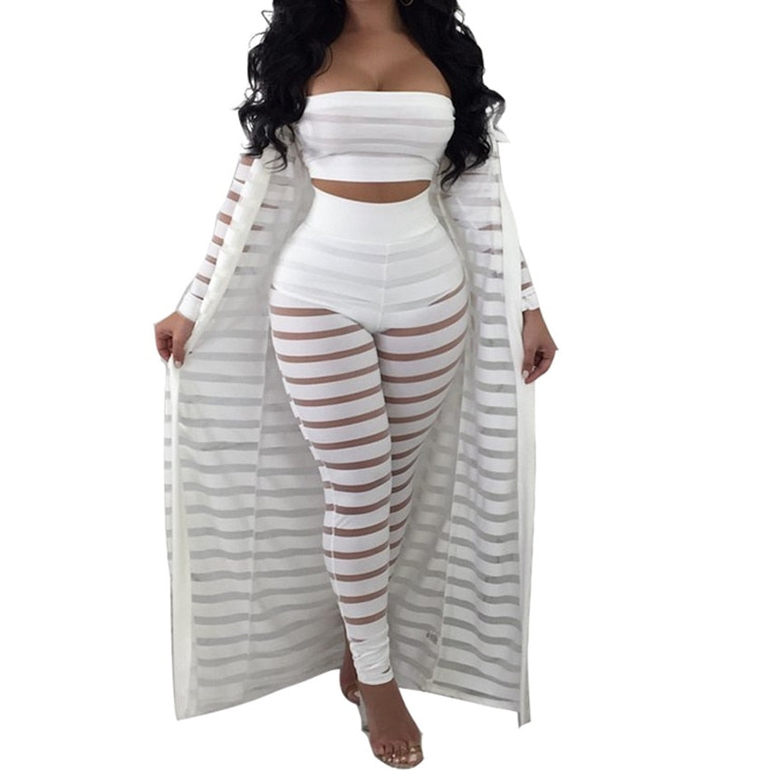 Hollow Out Stripe Sexy Women's Set Three Pieces Suits Casual Nightclub Wear