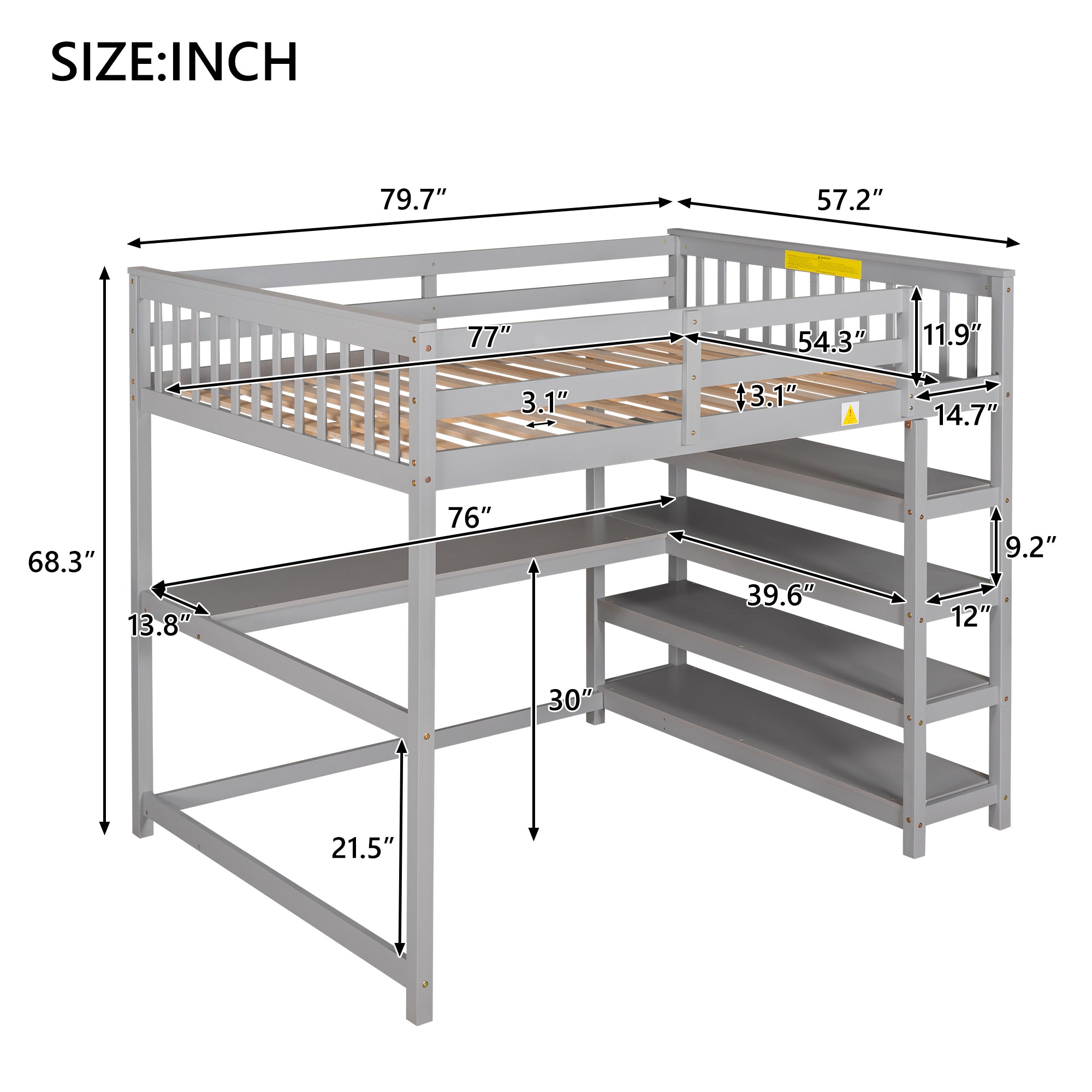 Full Size Loft Bed with Storage Shelves and Under-bed Desk, Gray