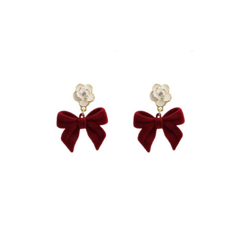 Boucles d'oreilles à nœud papillon floral camélia pour femmes en automne et en hiver