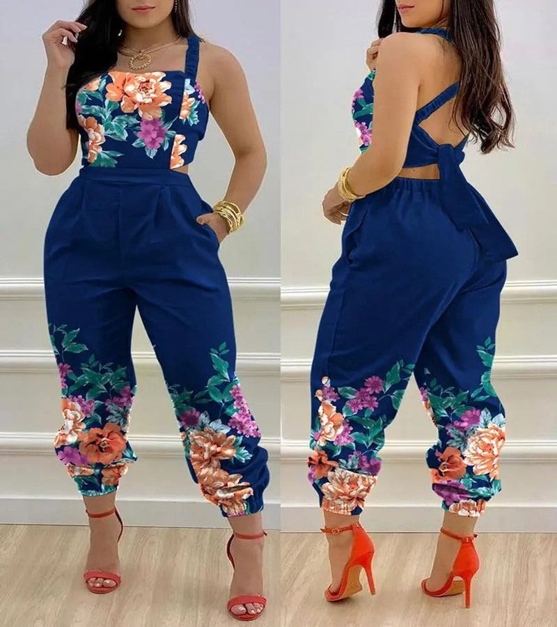 New European and American Open Back Cross Lace Up Bow Print Casual Jumpsuit