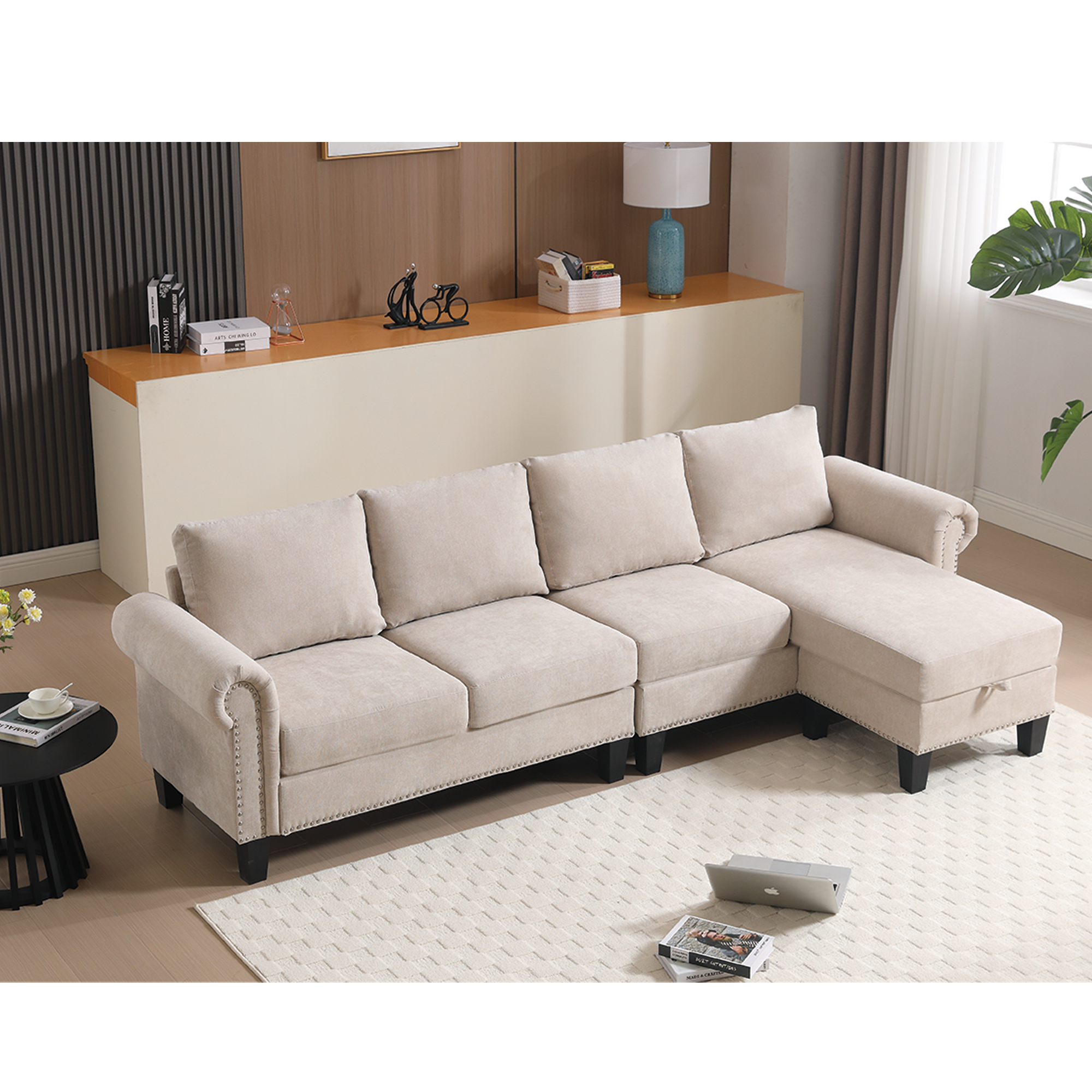 Sofá seccional convertible con espacio de almacenamiento, sofá en forma de L, sofá de cuatro plazas, sofás seccionales de tela de lino modernos en color beige