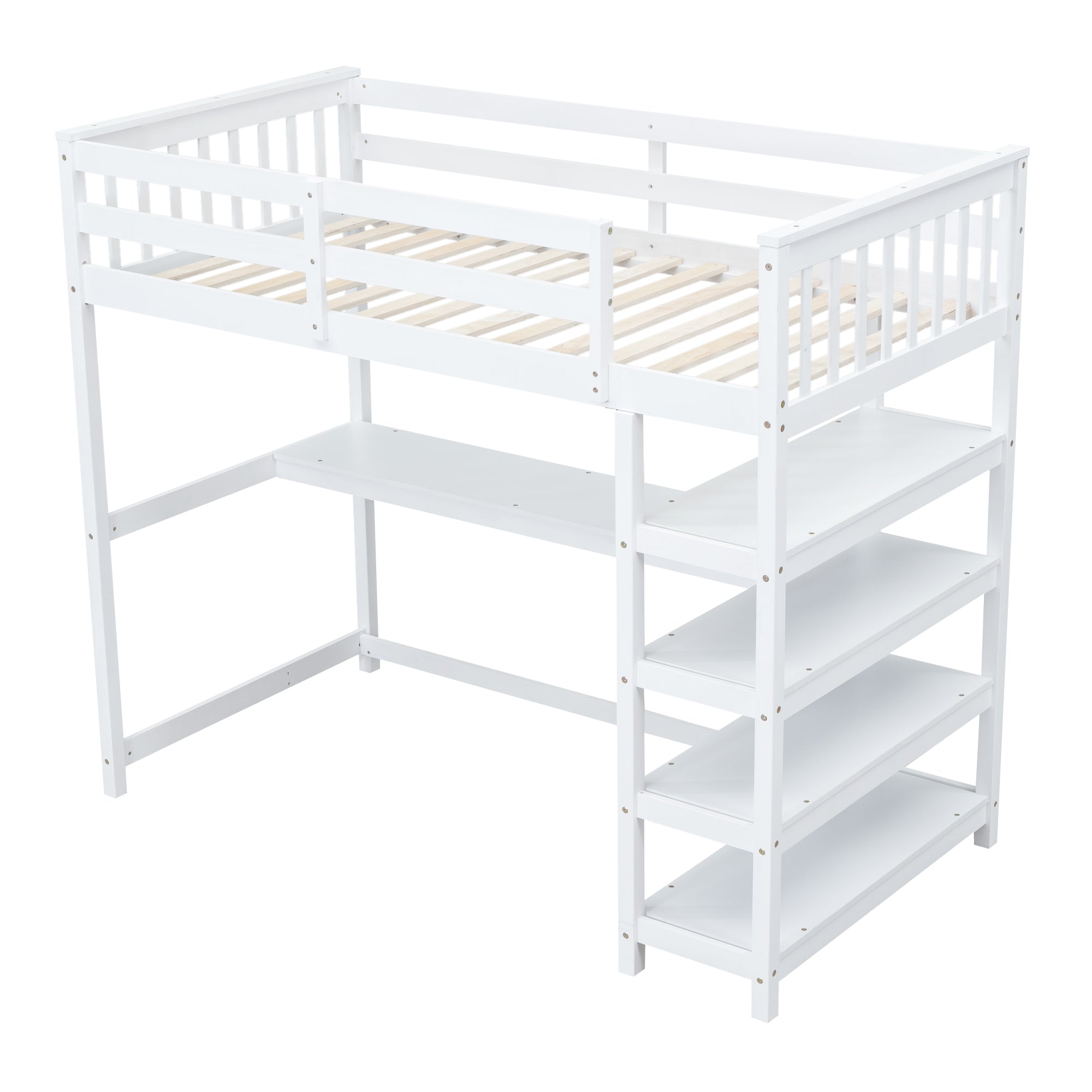 Twin Size Loft Bed with Storage Shelves and Under-bed Desk  White