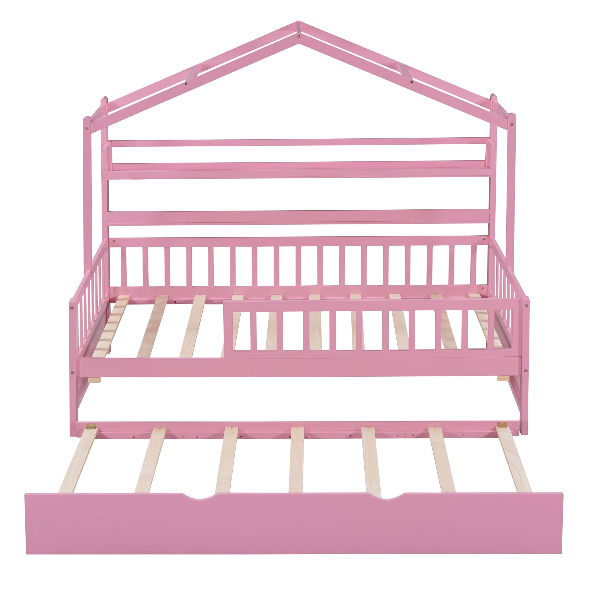 Wooden Twin Size House Bed with Trundle Kids Bed with Shelf Pink