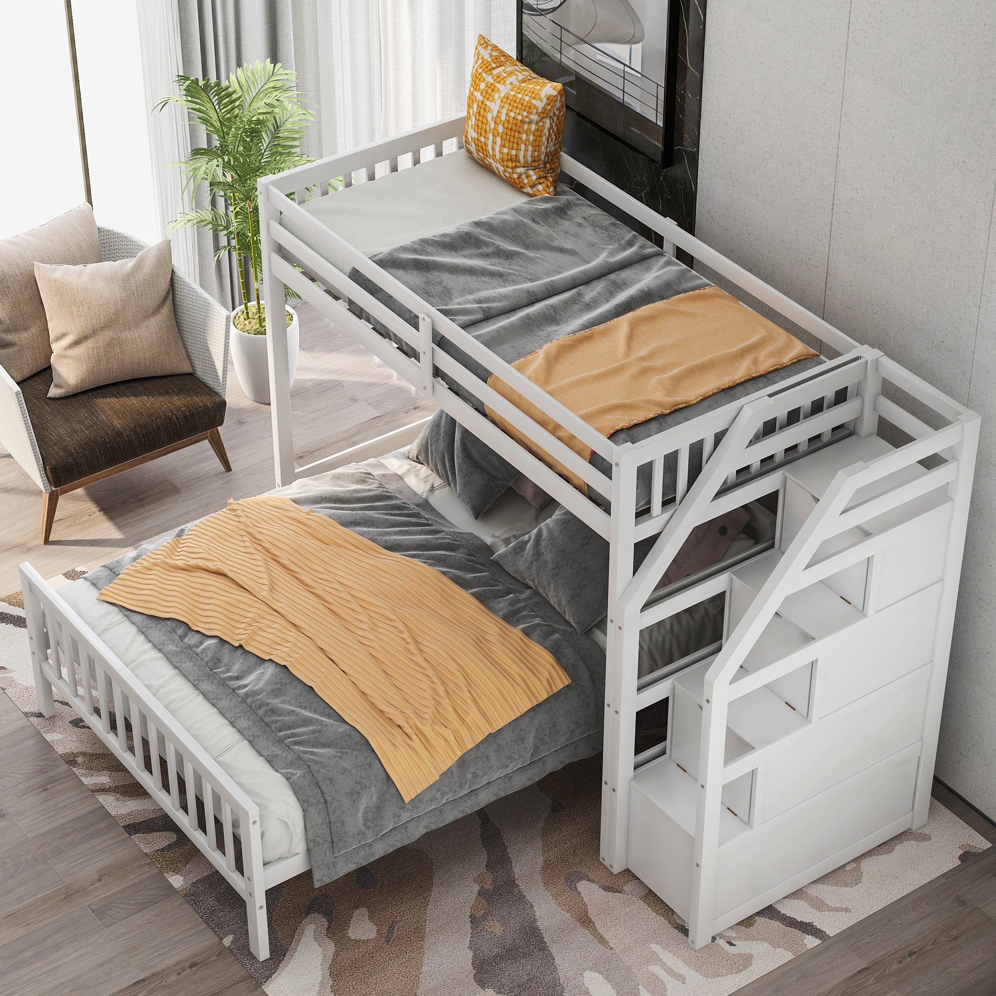 Twin over Full Loft Bed with Staircase,White