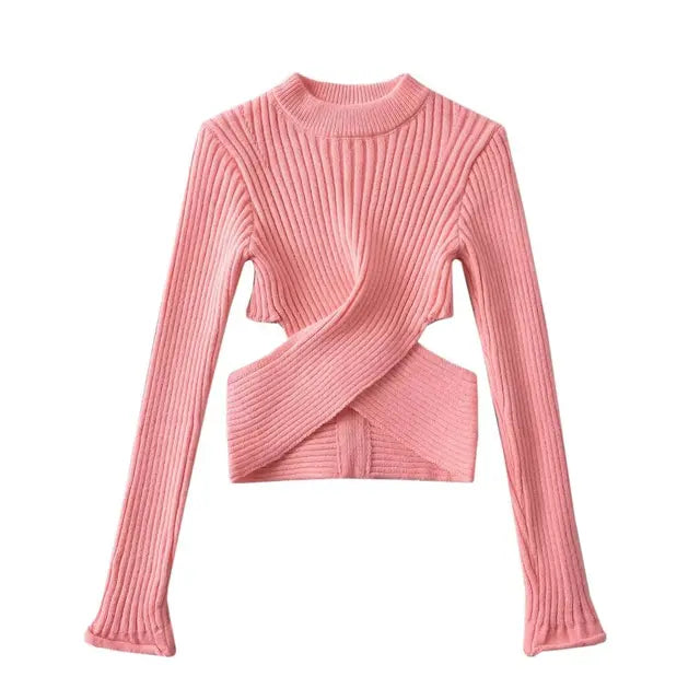 Fashion Women's Knitted Pullover Round Neck Slim Long Sleeve Hollow Out Cross Waist Bottom Sweater Spring