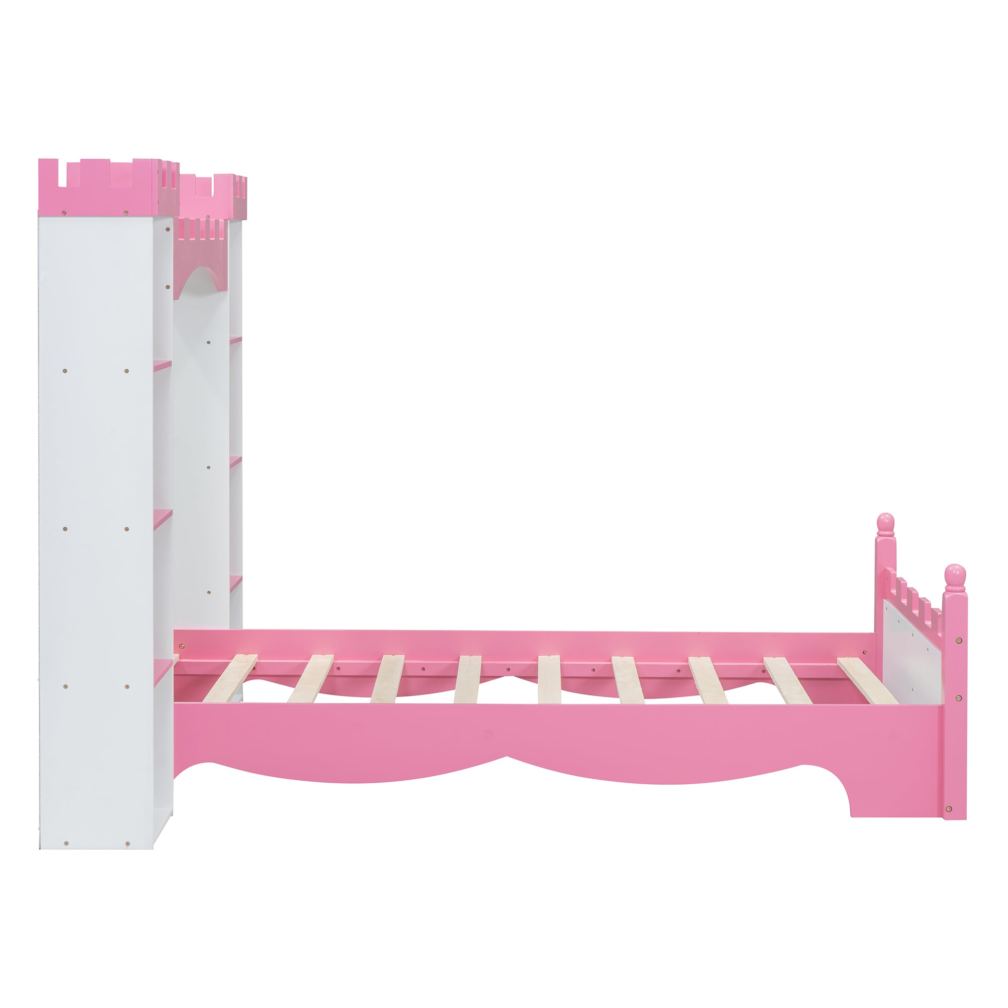 Castle-Shaped Wooden Bed with Storage Shelf, Dreamy Twin Size Platform Bed for Kids Bedroom, White + Pink