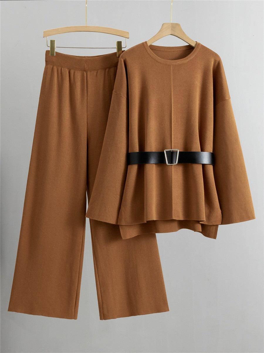 Ensemble pull-pantalon à jambe large tricoté pour femme, ensemble deux pièces ample et à la mode