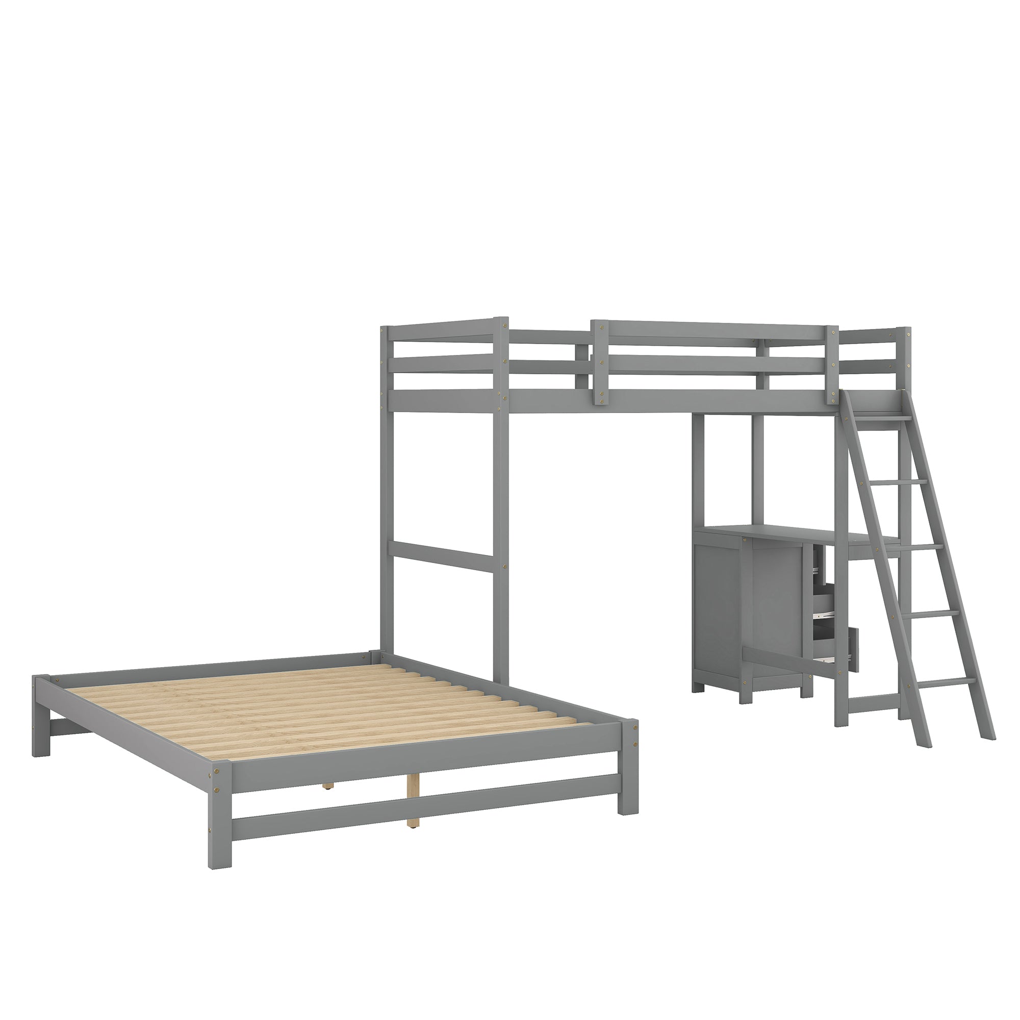 Twin over Full Bunk Bed with Built-in Desk and Three Drawers Grey