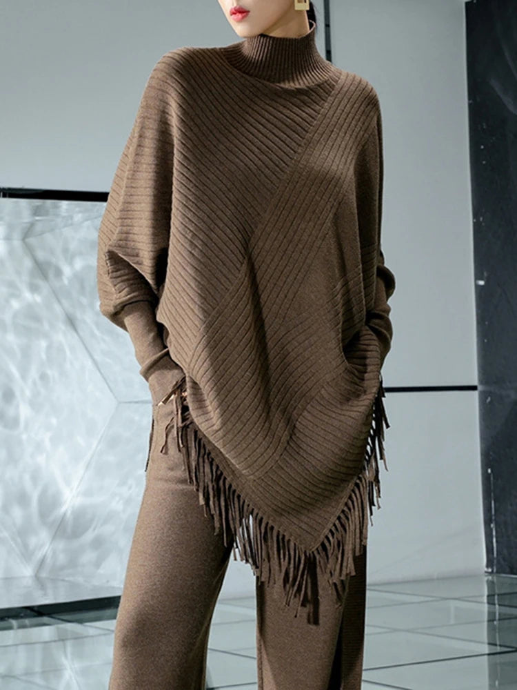 Knitted Sweater Loose Pullover Tassel Casual Stand Collar Full Sleeve Warm Thick Autumn Fashion Irregular Hem