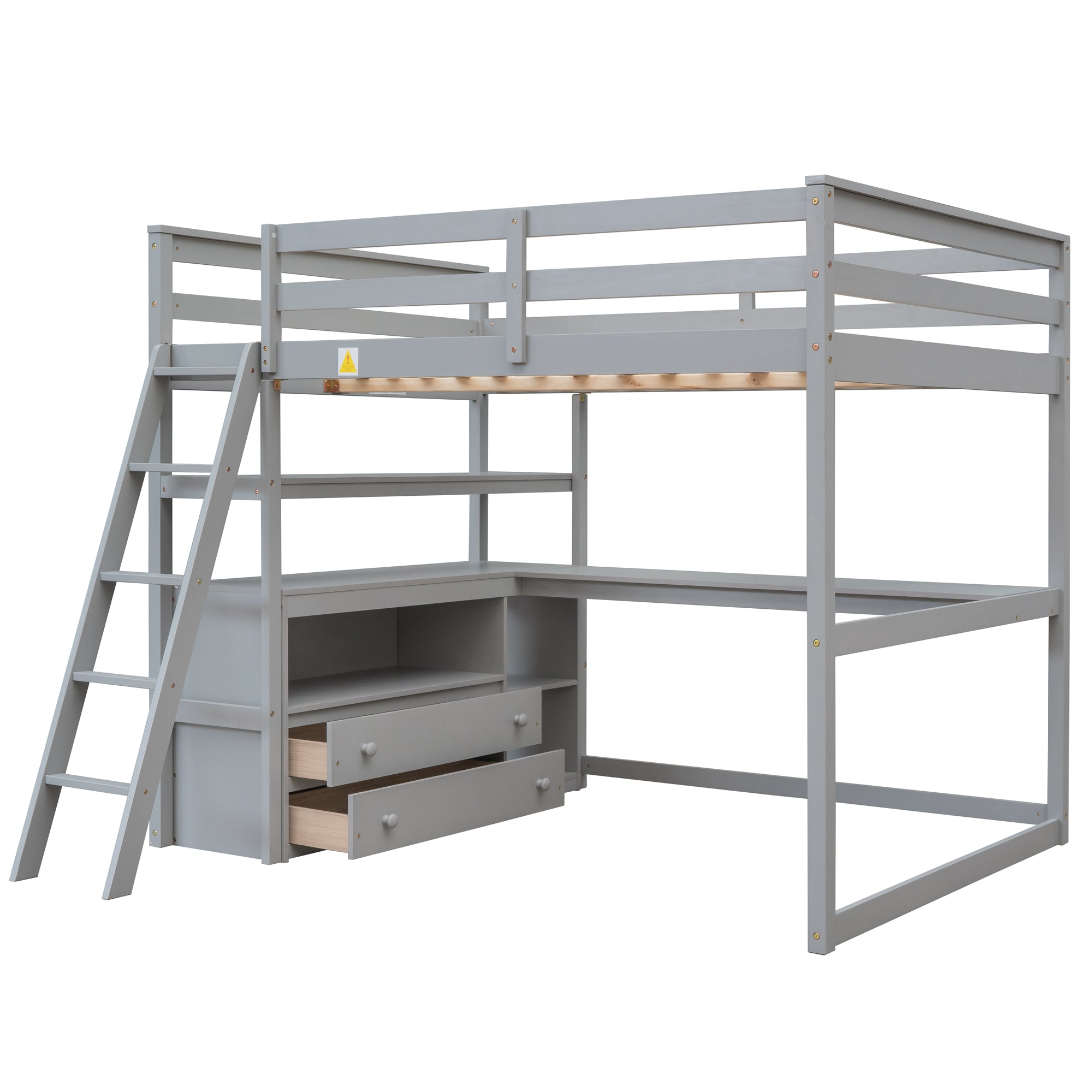 Full Size Loft Bed with Desk and Shelves,Two Built-in Drawers Gray