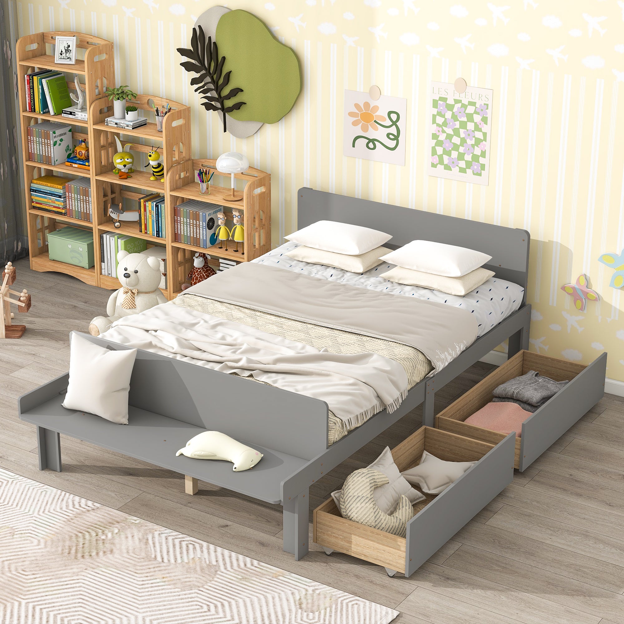 Cama matrimonial con banco de pie de cama 2 cajones gris