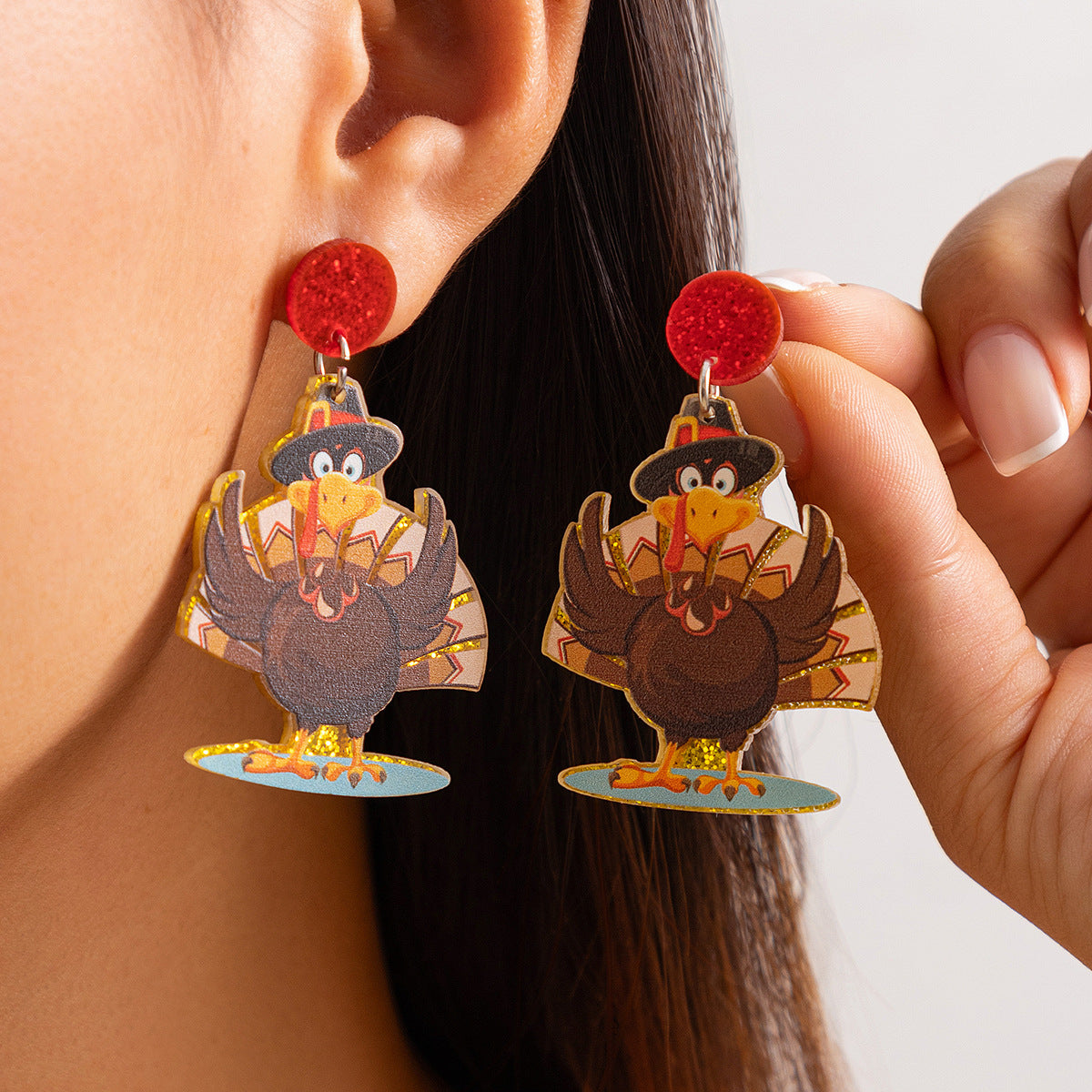 Thanksgiving Turkey Pendant Earrings Female Creative Single sided Acrylic Sparkling Earrings